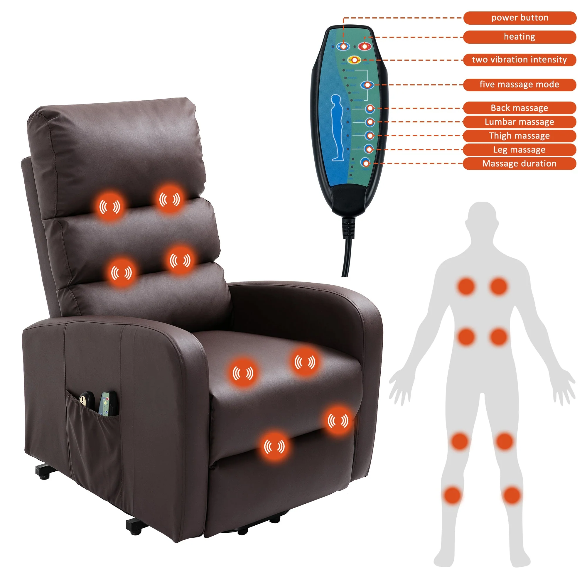 Power Massage Lift Recliner Chair, Heat, Vibration, Remote Control, PU Leather Brown - Image 15