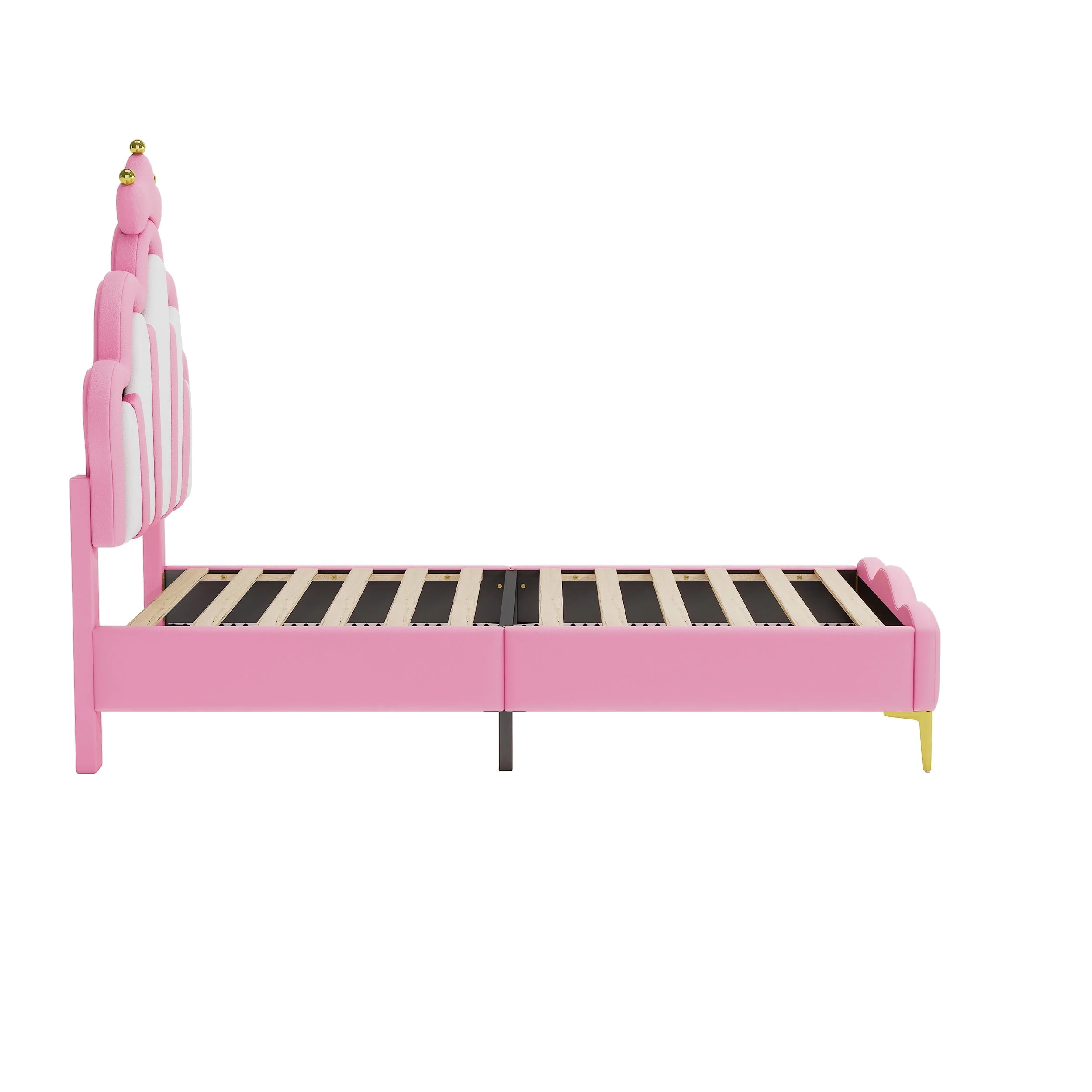 Princess Bed 90x200cm Crown Headboard Upholstered with Adjustable LED Light Pink PU Leather - Image 10