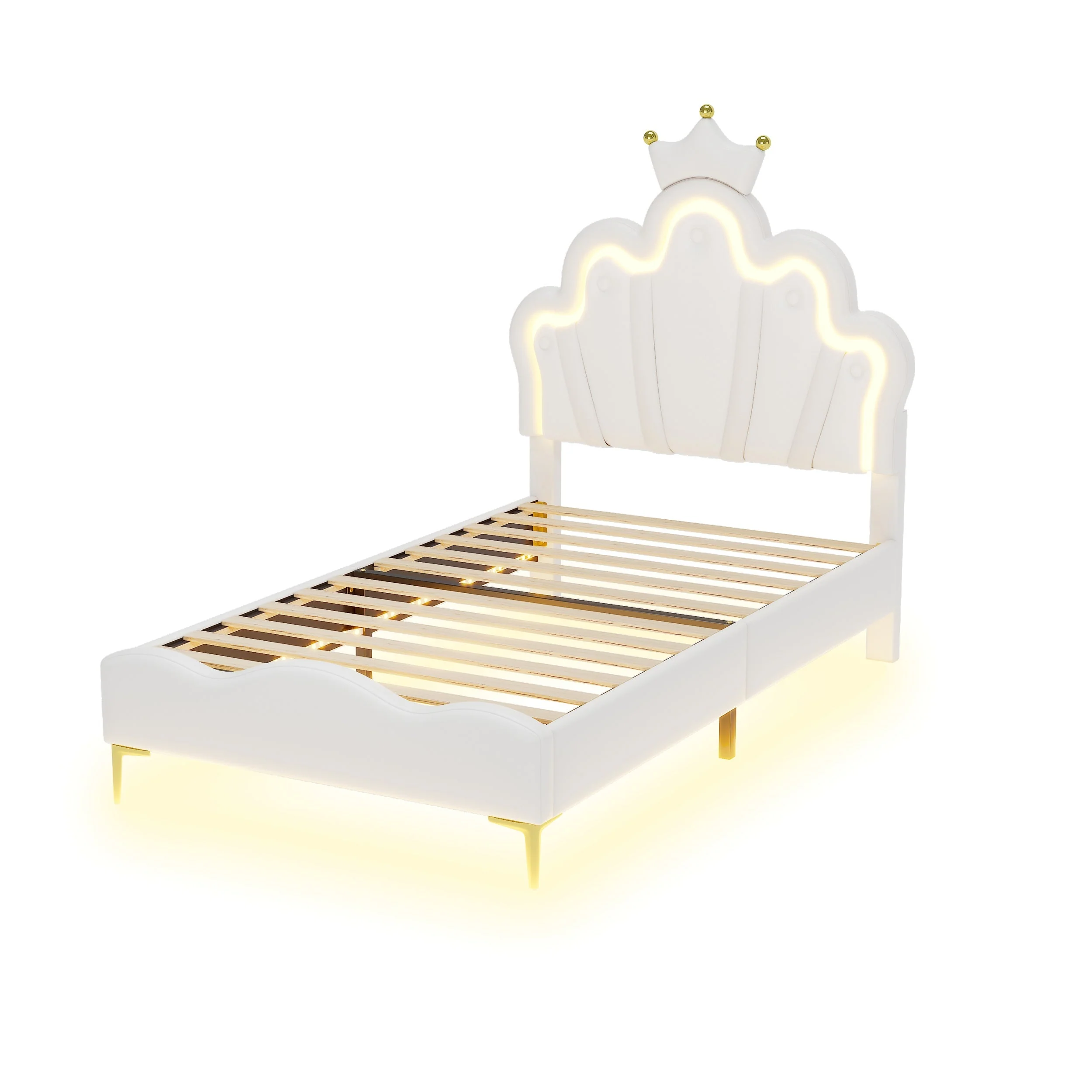 Princess Bed 90x200cm Crown Shaped PU Leather Upholstered LED - White - Image 10