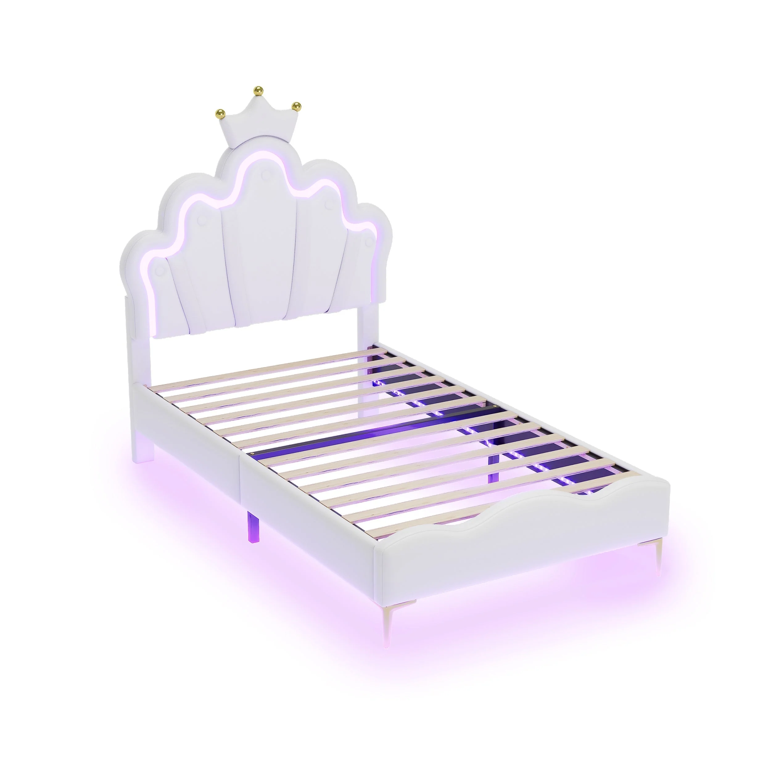 Princess Bed 90x200cm Crown Shaped PU Leather Upholstered LED - White - Image 8