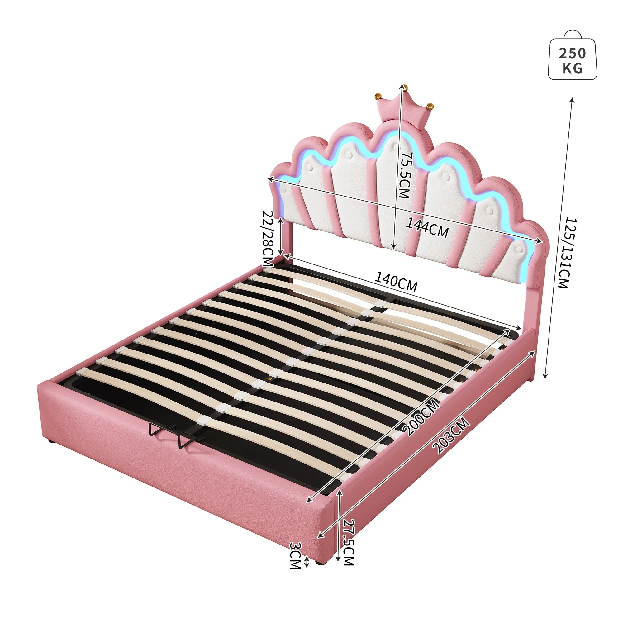 Princess Upholstered Bed 140x200cm Adjustable LED Crown Rail - Pink - Image 5