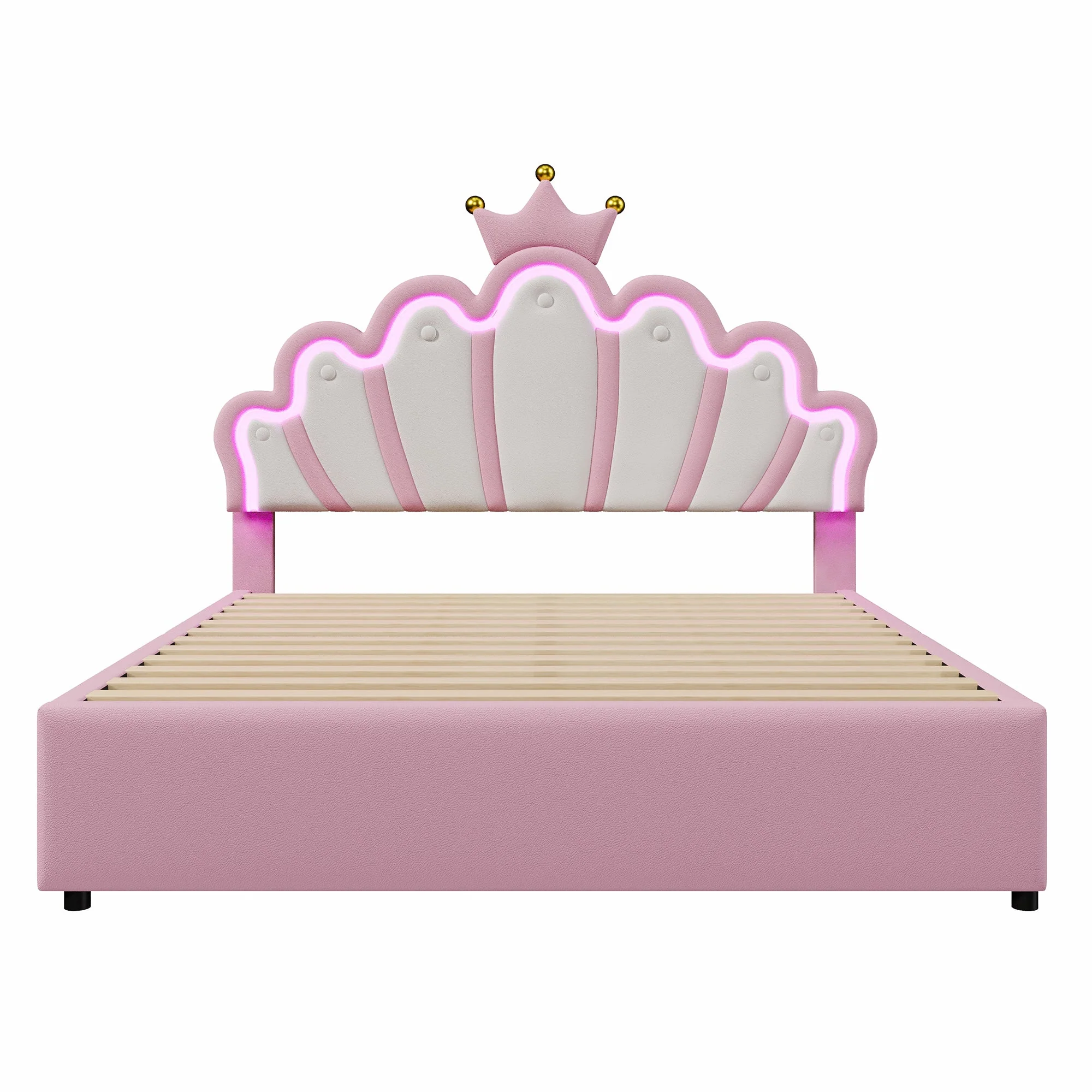 Princess Upholstered Bed 140x200cm Crown Shape LED 2 Drawers - PU Pink - Image 10