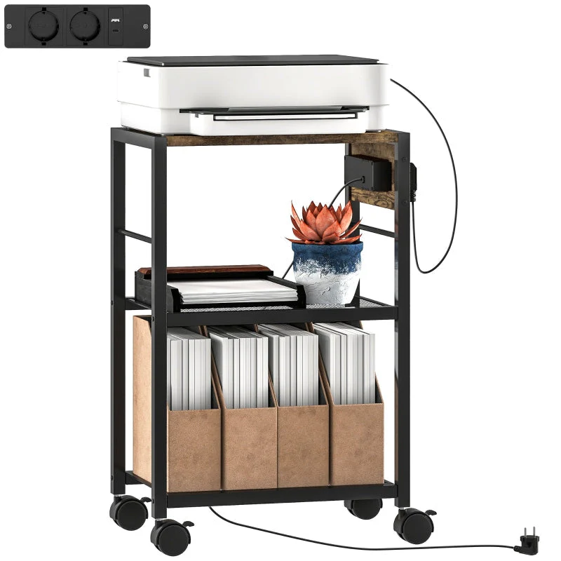 Printer Stand with Wheels Power Outlets USB & USB-C Ports - Rustic Brown