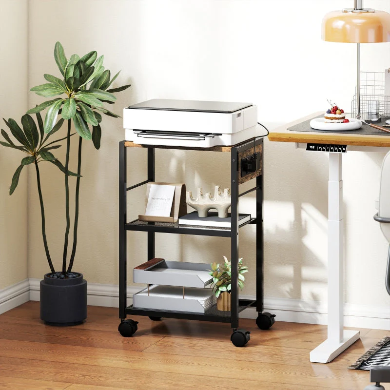 Printer Stand with Wheels Power Outlets USB & USB-C Ports - Rustic Brown - Image 2