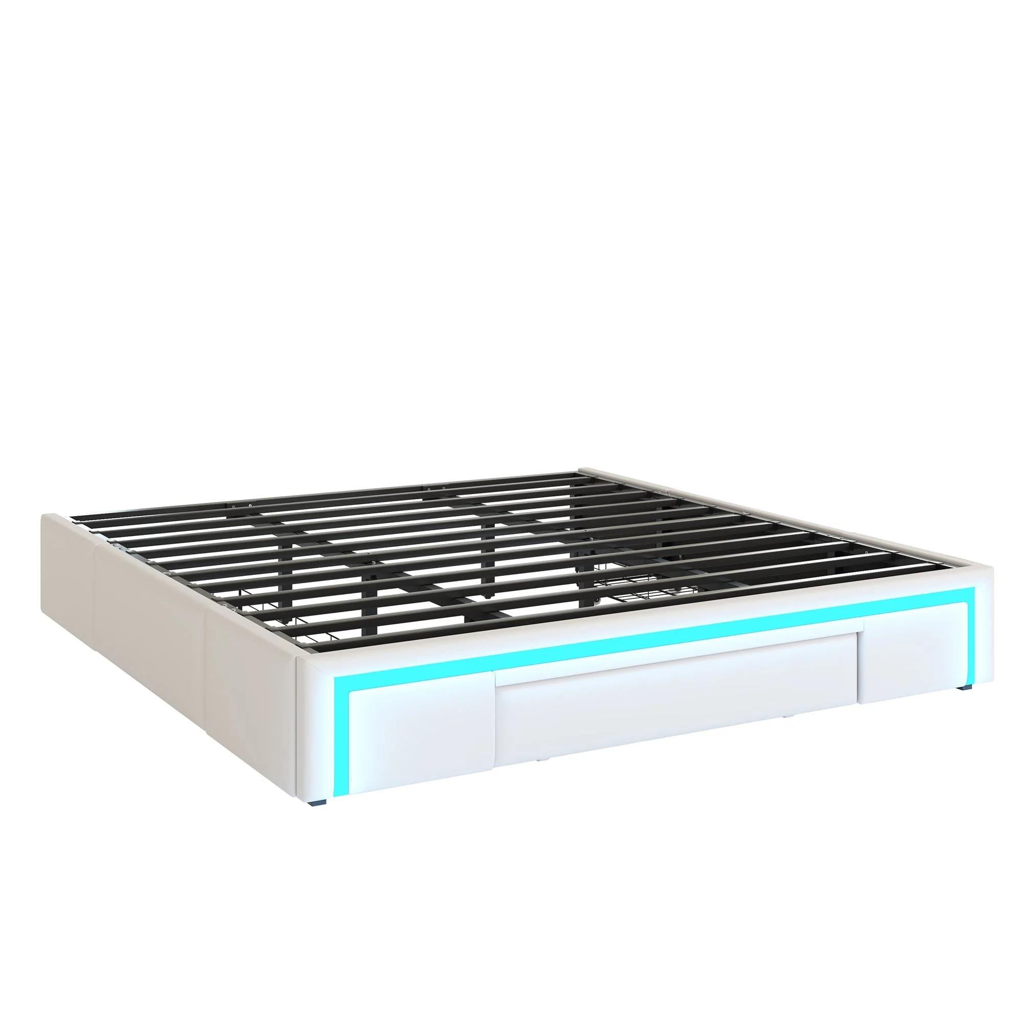 PU-Leder-Bettgestell mit Schubladen und LED-Beleuchtung, Beige/Grau - Image 5