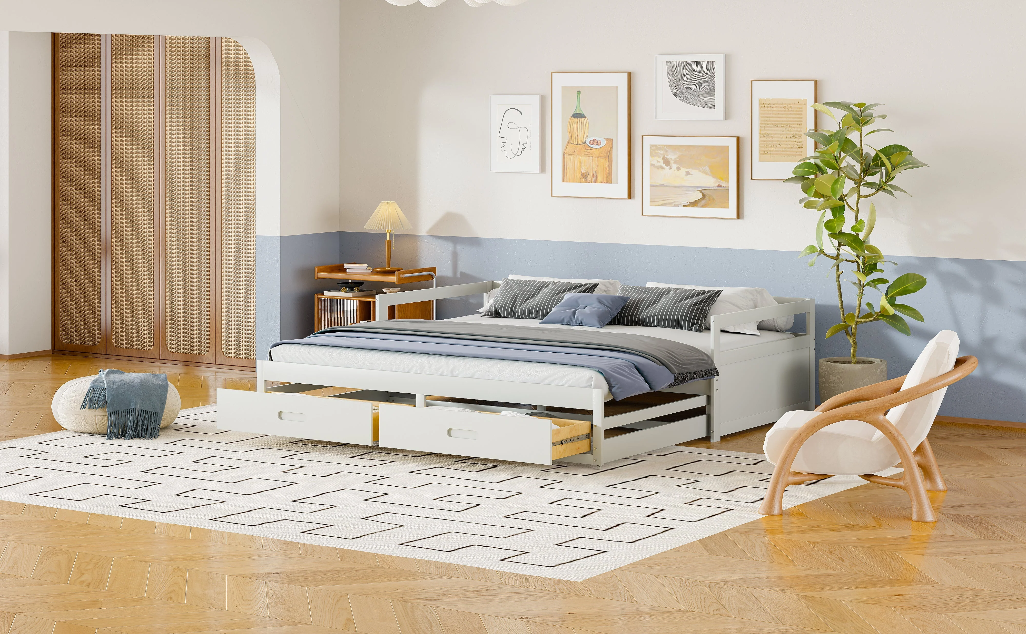 Pull-out Sofa Bed, 90/180x200 cm, Drawers & Slatted Frame, Pine Wood, White - Image 10