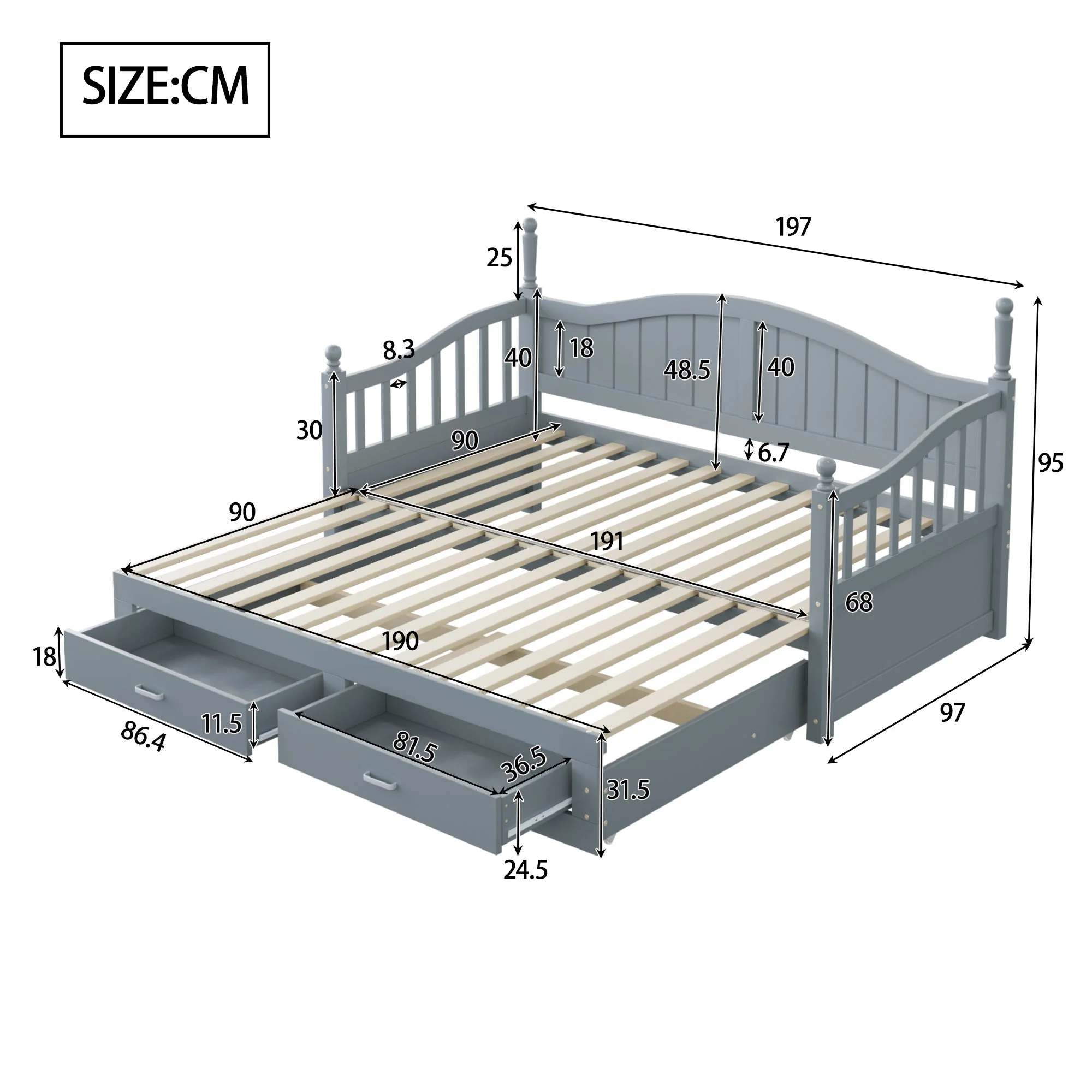 Pull-Out Sofa Bed, Solid Wood with Drawers & Slatted Frame, Pine Wood, Grey - Image 10