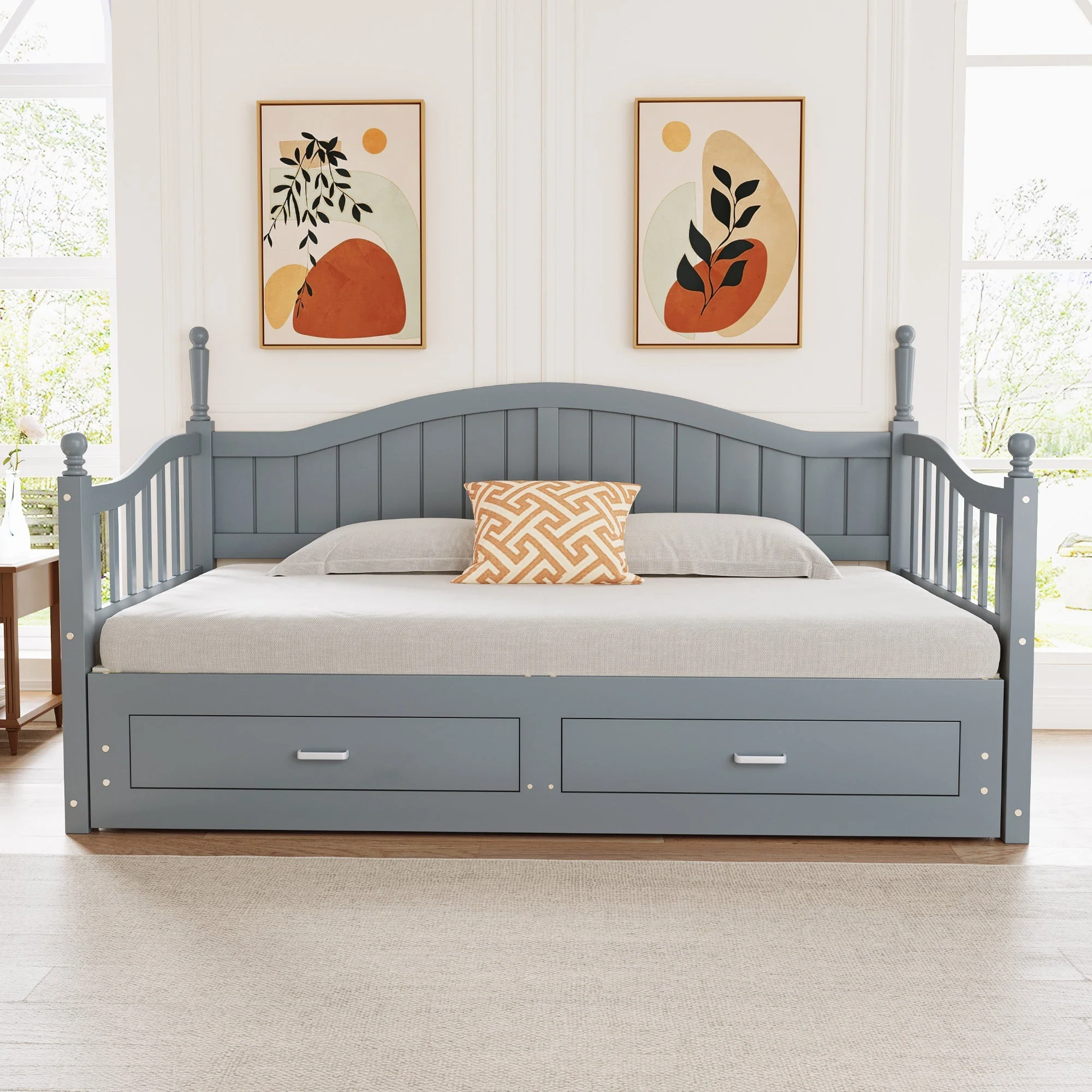 Pull-Out Sofa Bed, Solid Wood with Drawers & Slatted Frame, Pine Wood, Grey - Image 2