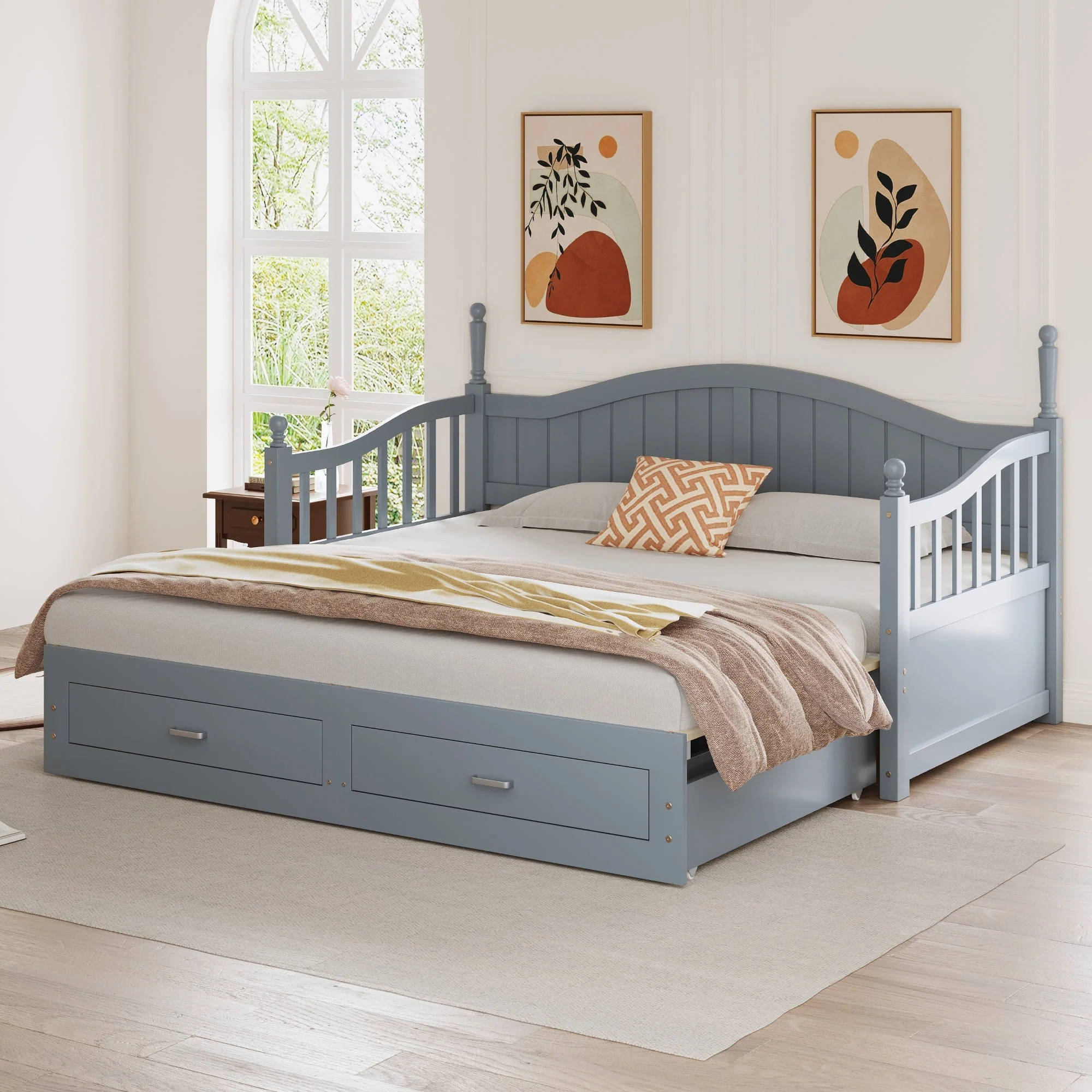 Pull-Out Sofa Bed, Solid Wood with Drawers & Slatted Frame, Pine Wood, Grey - Image 3