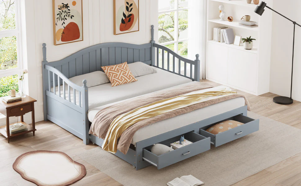 Pull-Out Sofa Bed, Solid Wood with Drawers & Slatted Frame, Pine Wood, Grey - Image 4