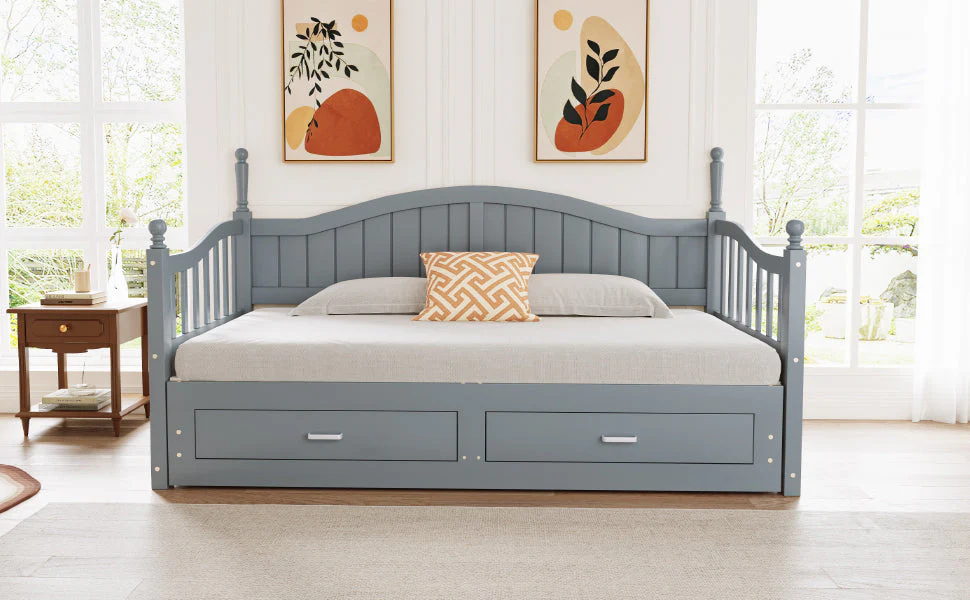 Pull-Out Sofa Bed, Solid Wood with Drawers & Slatted Frame, Pine Wood, Grey - Image 5