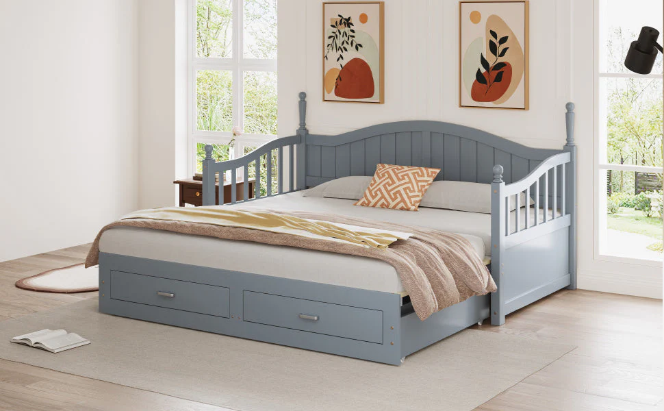 Pull-Out Sofa Bed, Solid Wood with Drawers & Slatted Frame, Pine Wood, Grey - Image 6