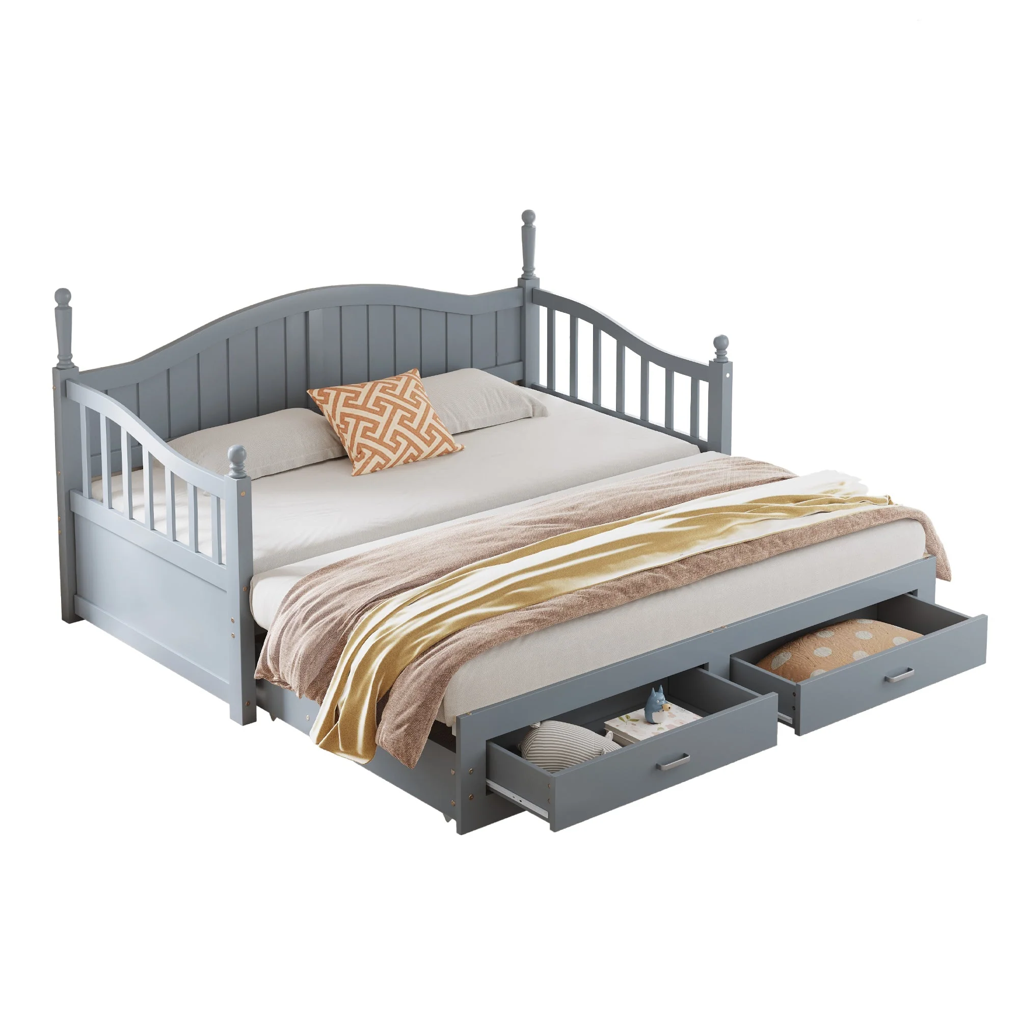Pull-Out Sofa Bed, Solid Wood with Drawers & Slatted Frame, Pine Wood, Grey - Image 7