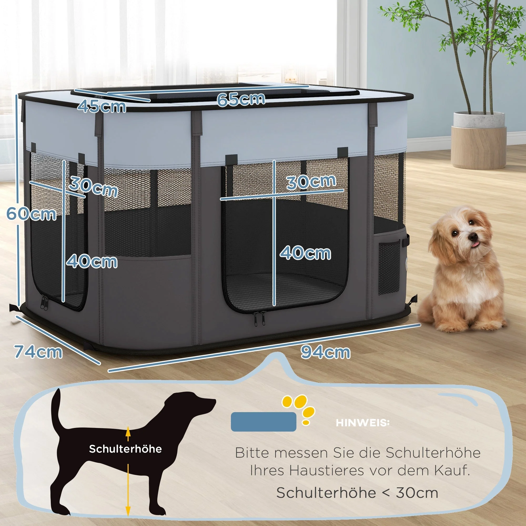 Puppy Playpen, Foldable Breathable Mesh, Grey - Image 3