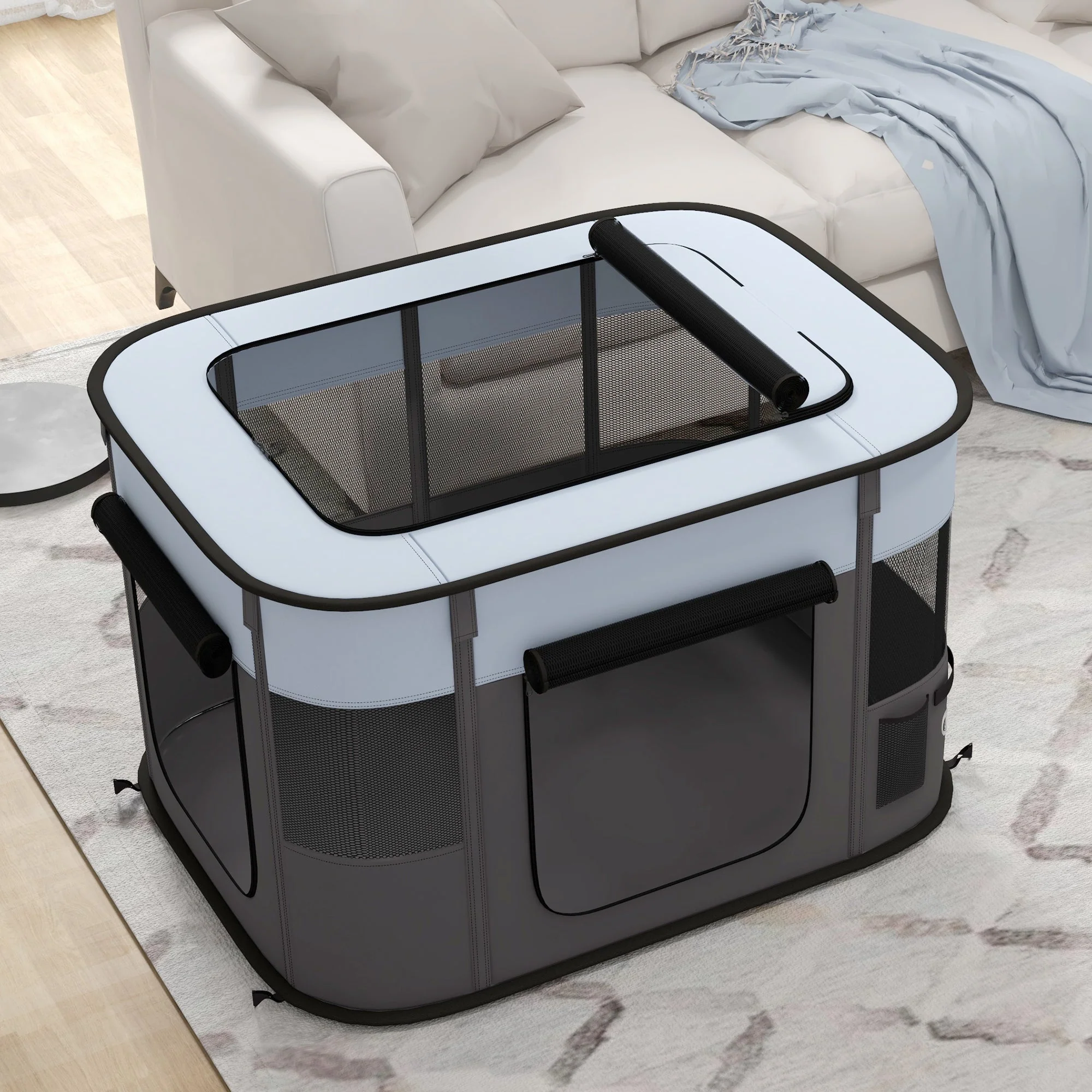 Puppy Playpen, Foldable Breathable Mesh, Grey - Image 7