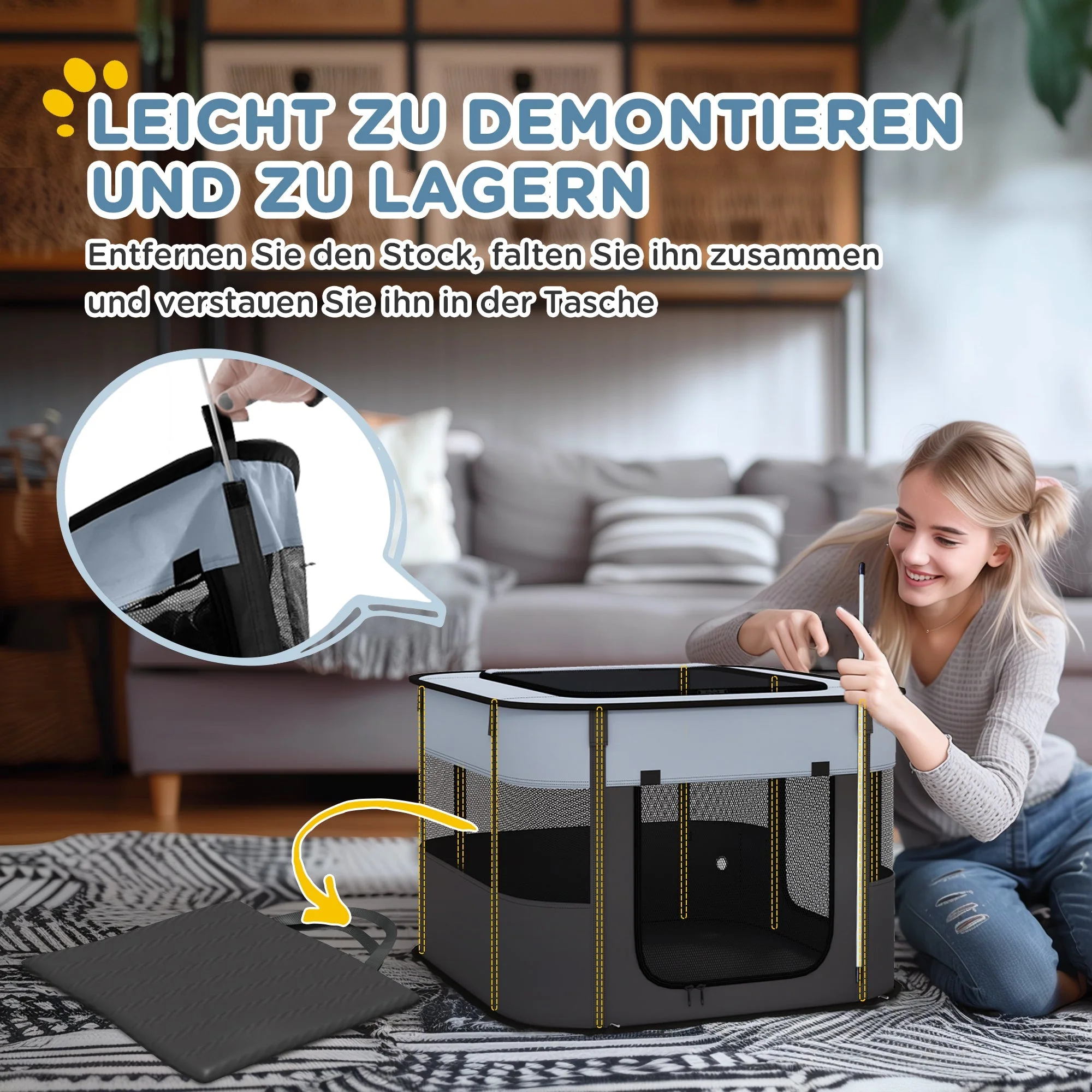 Puppy Playpen Foldable with Doors, Windows, Breathable Mesh, 74x60x45cm Grey - Image 4