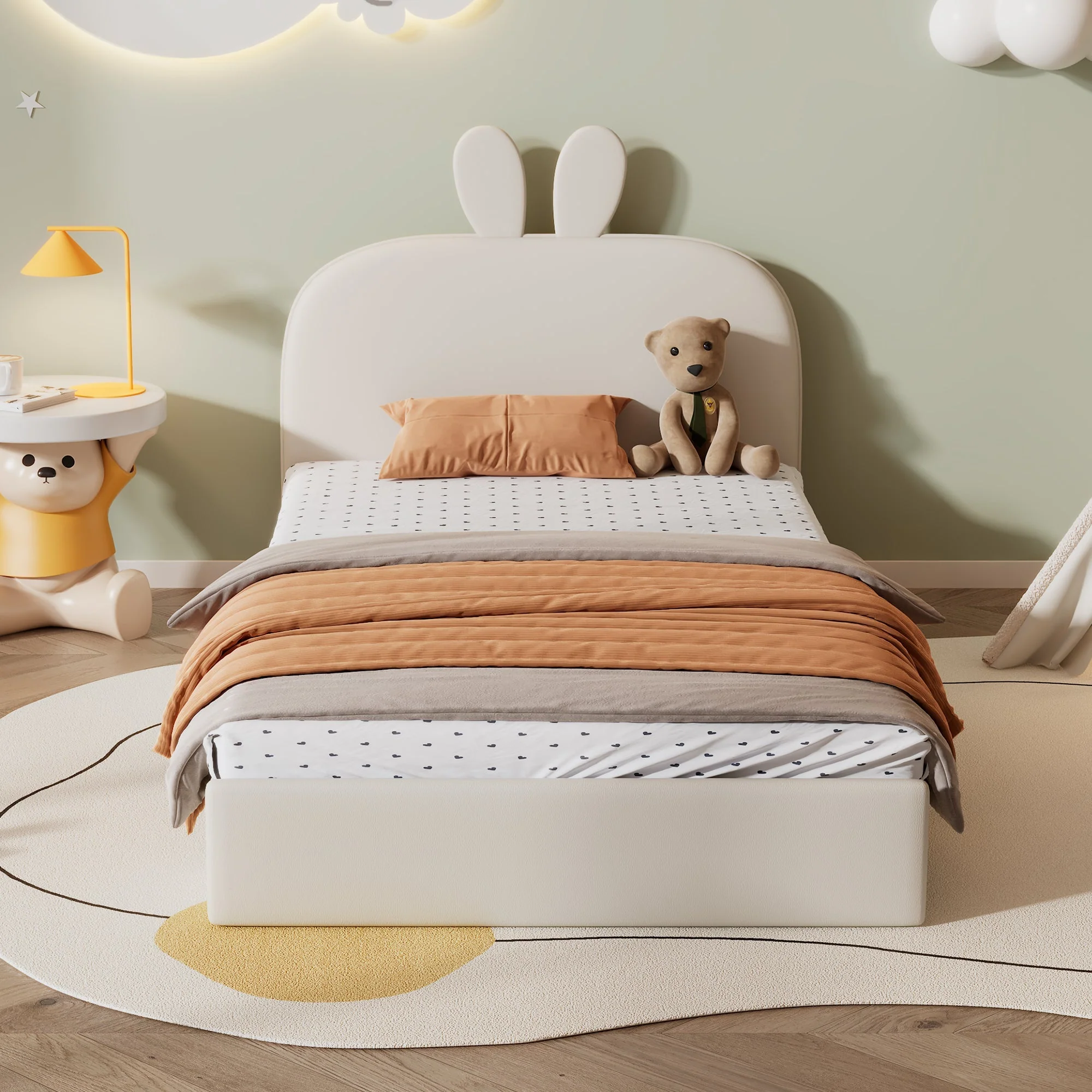 Rabbit Headboard Upholstered Bed, Wooden Slats Single, Velvet Beige