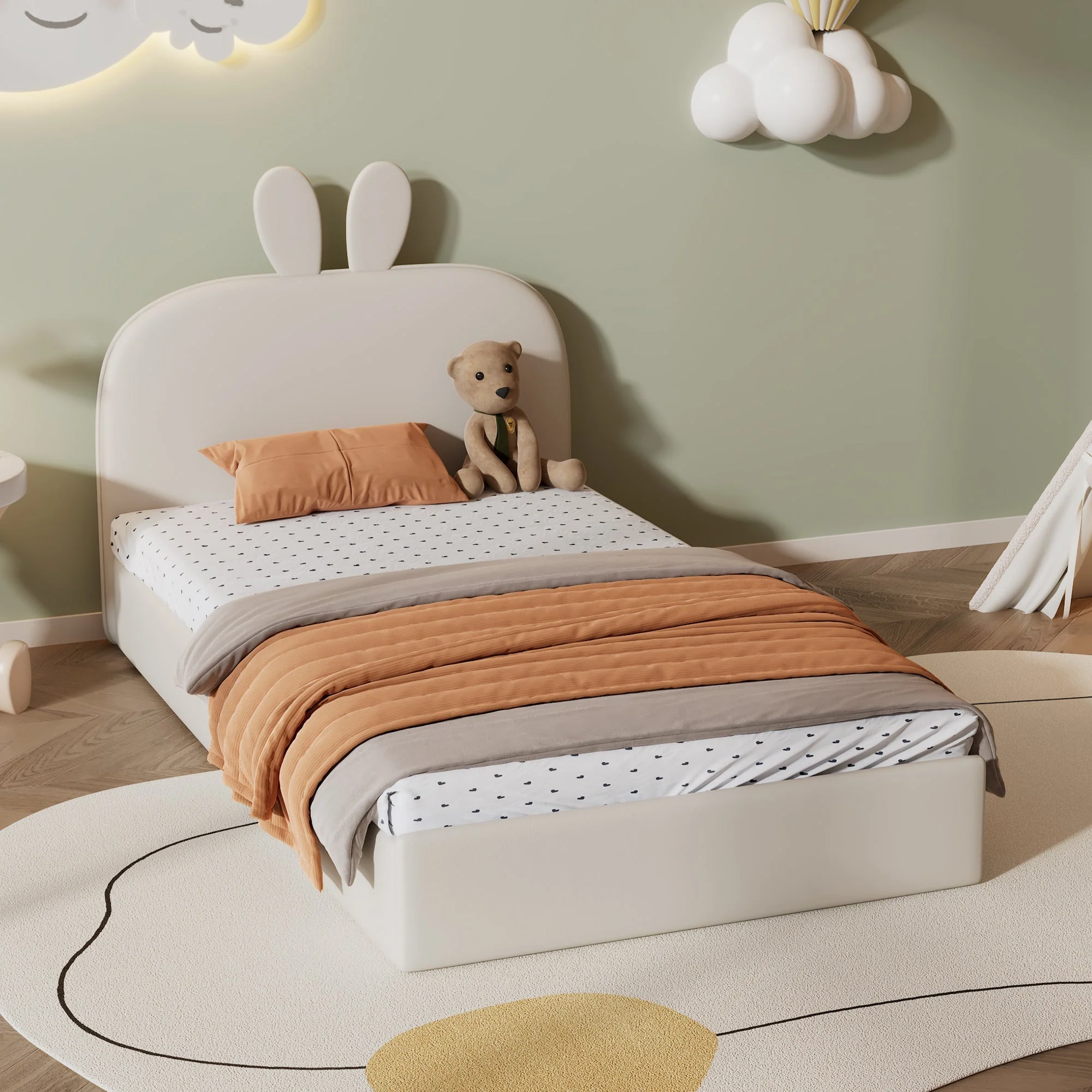 Rabbit Headboard Upholstered Bed, Wooden Slats Single, Velvet Beige - Image 2