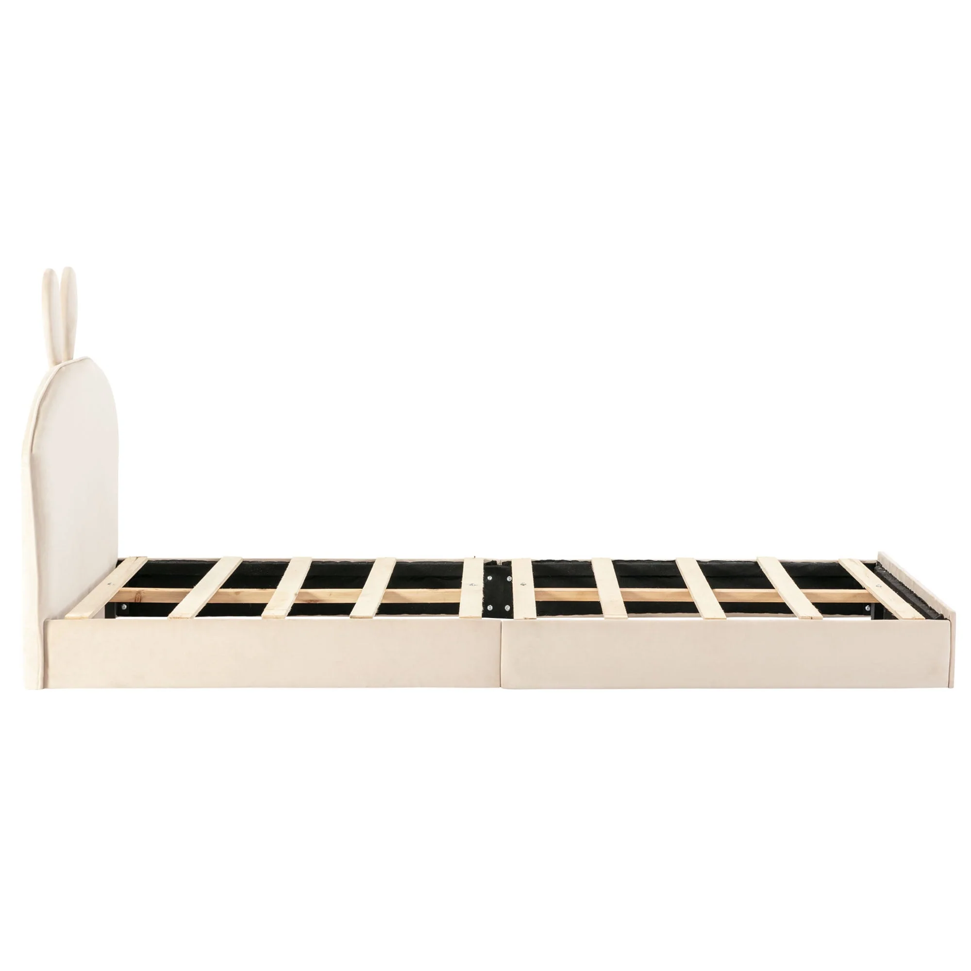 Rabbit Headboard Upholstered Bed, Wooden Slats Single, Velvet Beige - Image 9