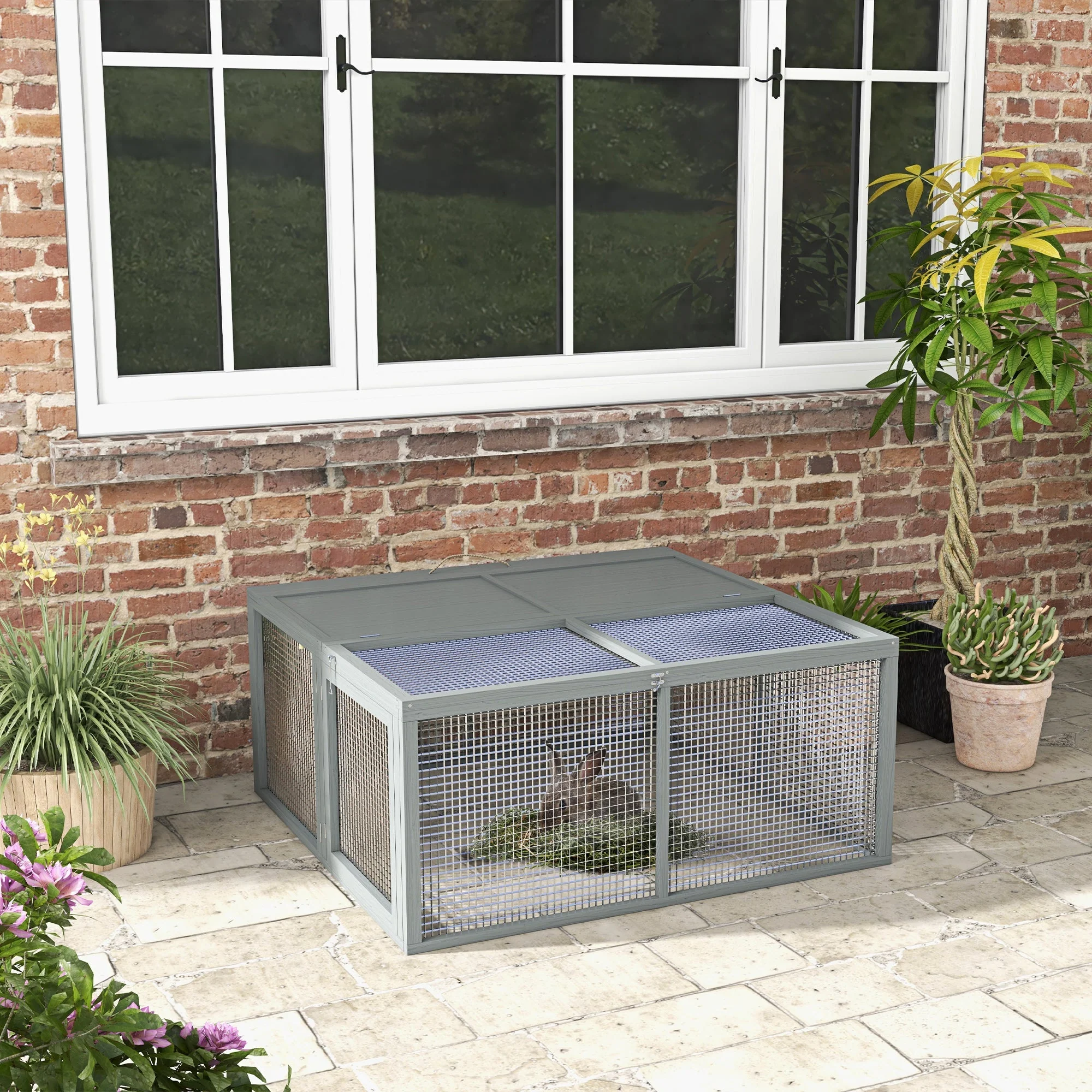 Rabbit Hutch Foldable Cage with Run Hinged Roof, Natural Wood