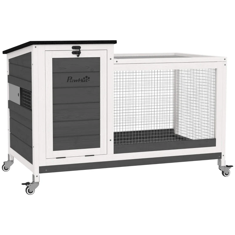 Rabbit Hutch, Free-Range Enclosure with Wheels, Folding Roof, Wooden Dark Grey - Image 2