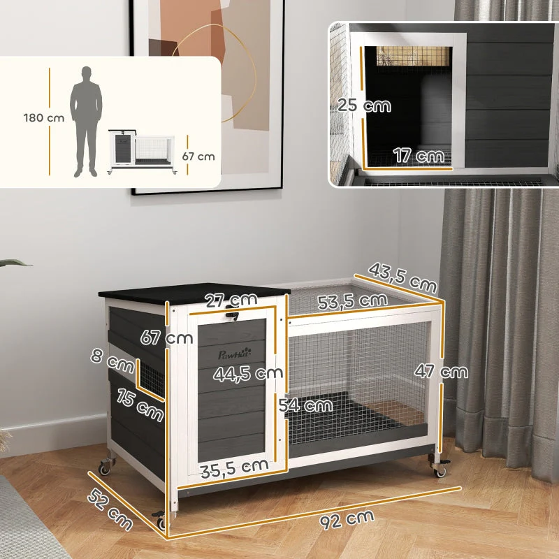 Rabbit Hutch, Free-Range Enclosure with Wheels, Folding Roof, Wooden Dark Grey - Image 3