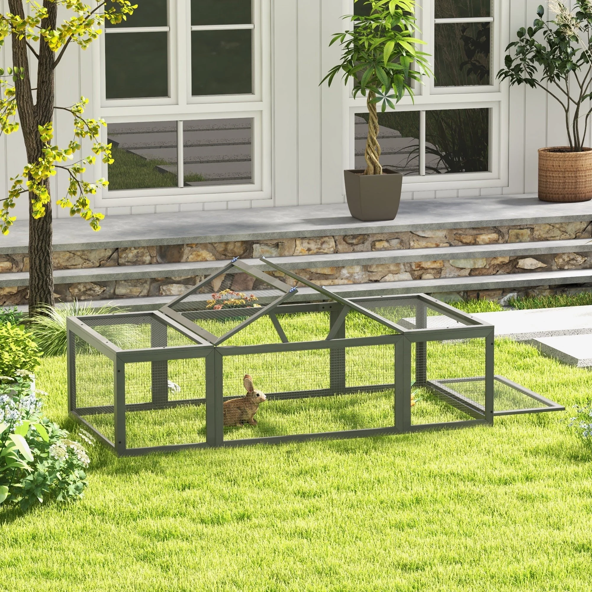 Rabbit Hutch, Winter-Proof Outdoor Cage, 180x90x48 cm, Fir Wood, Gray - Image 7