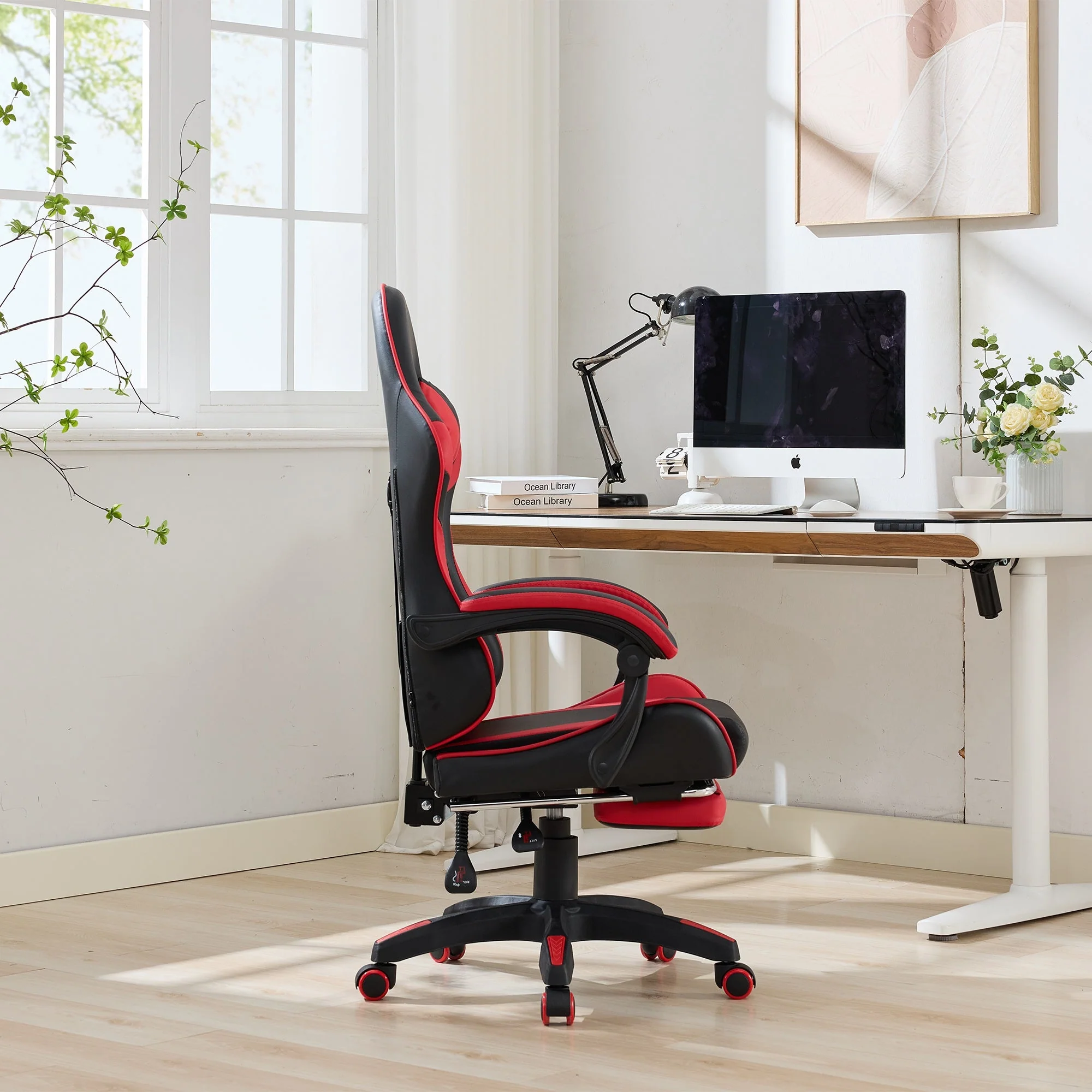 Racing Gaming Chair High-Back Ergonomic Swivel with Footrest Headrest Lumbar Support Leather Black & Red - Image 9