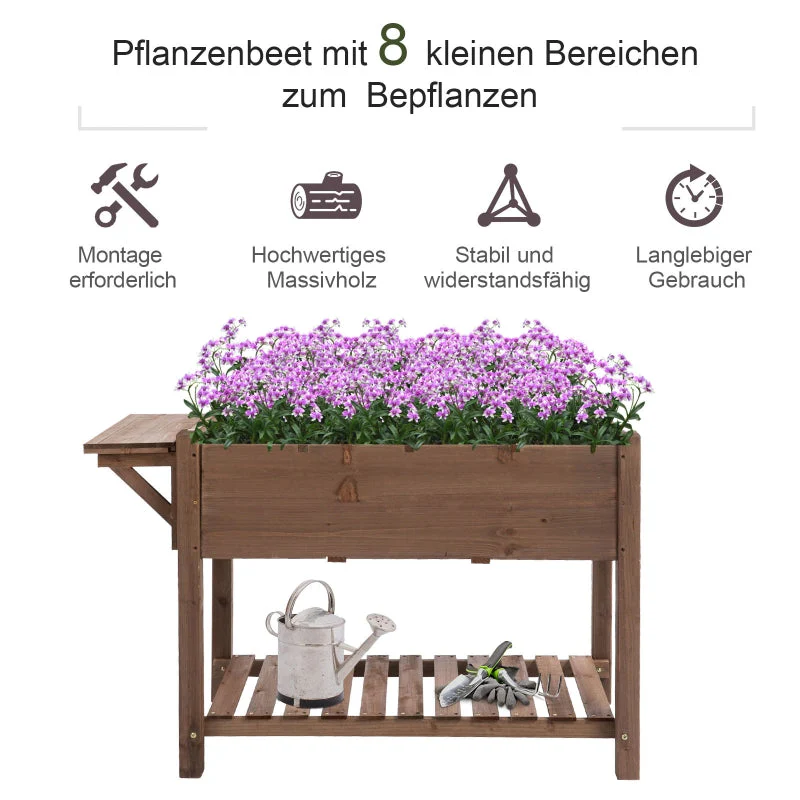 Raised Bed Planter, 8 Grids & Foldable Shelf, Solid Wood, Brown - Image 4