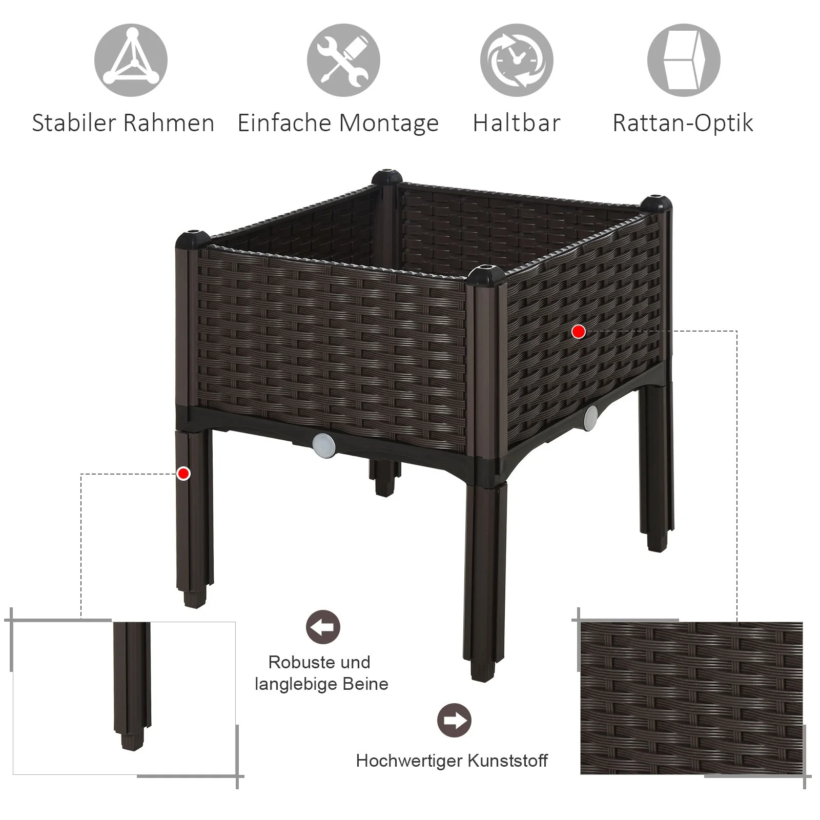 Raised Bed Planter, Rattan Look, 40x40x44cm, PP Brown - Image 4