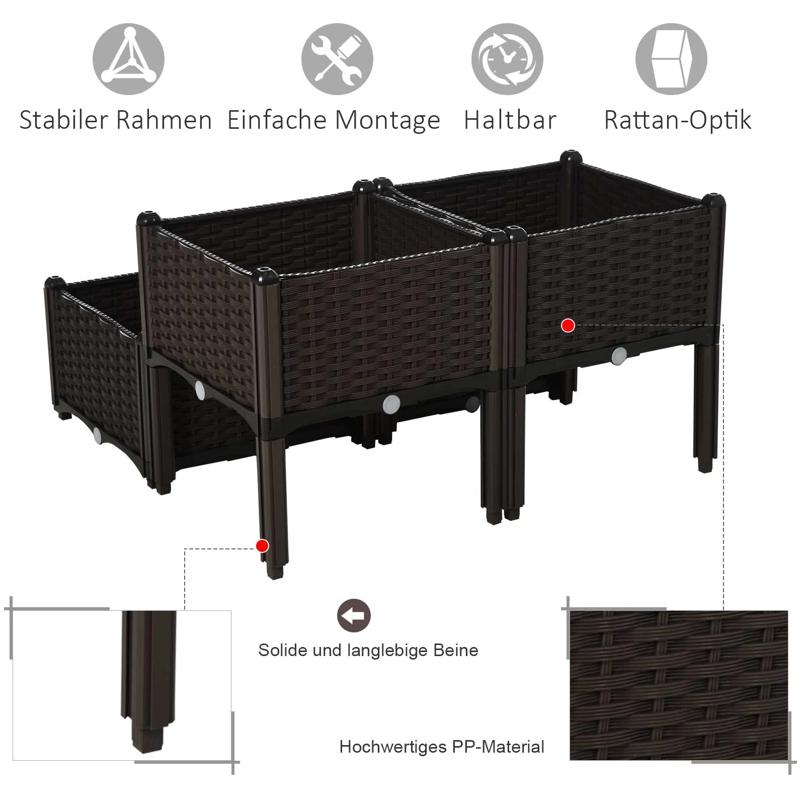 Raised Bed Rattan Planter Box 40x40x44cm Drainage Holes PP, Brown - Image 4
