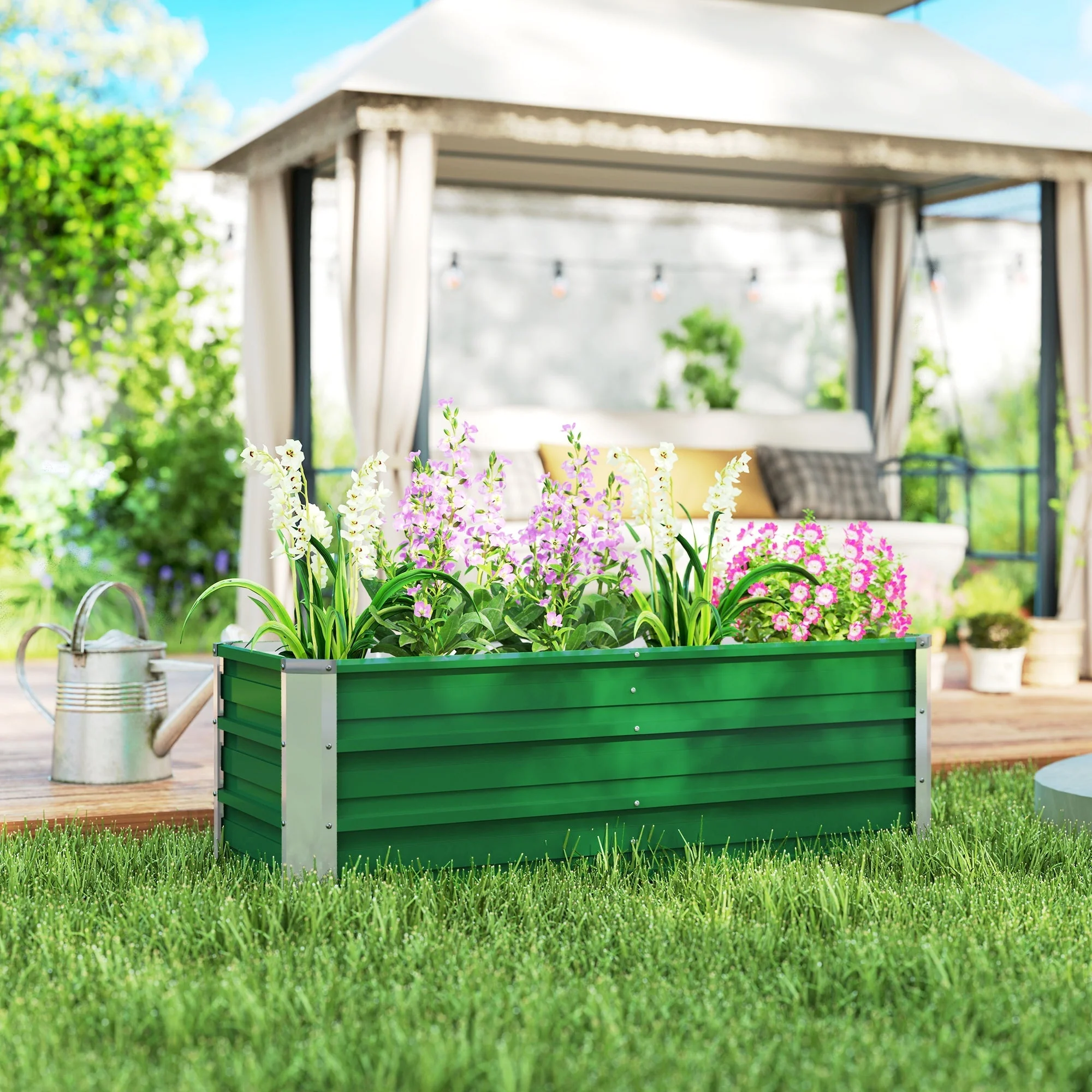 Raised Garden Bed/Planter Steel 125x47x40cm with Gloves, Green