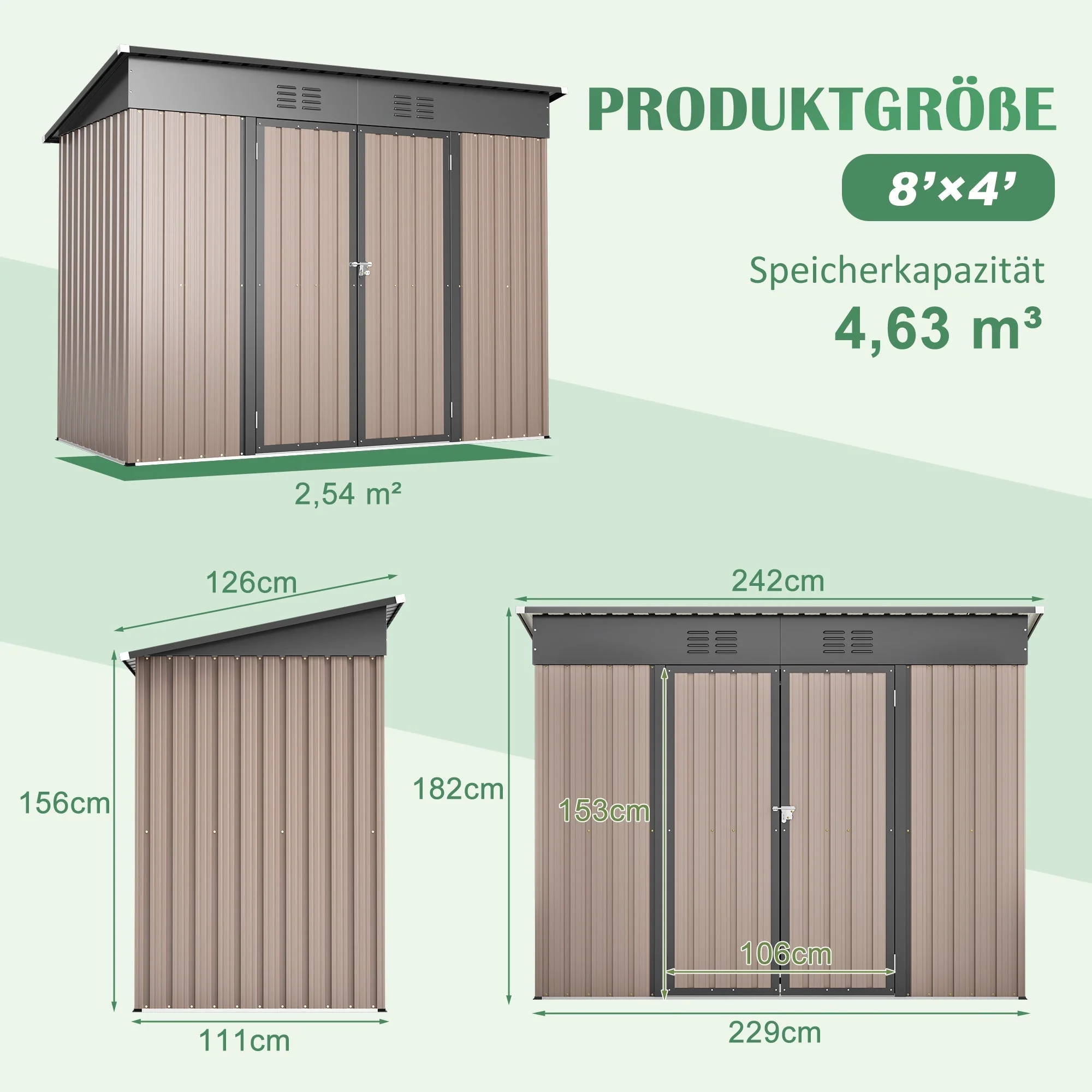 Rathwood 8x4 FT Metal Garden Shed with Foundation and Weatherproof Design, Brown Metal - Image 2