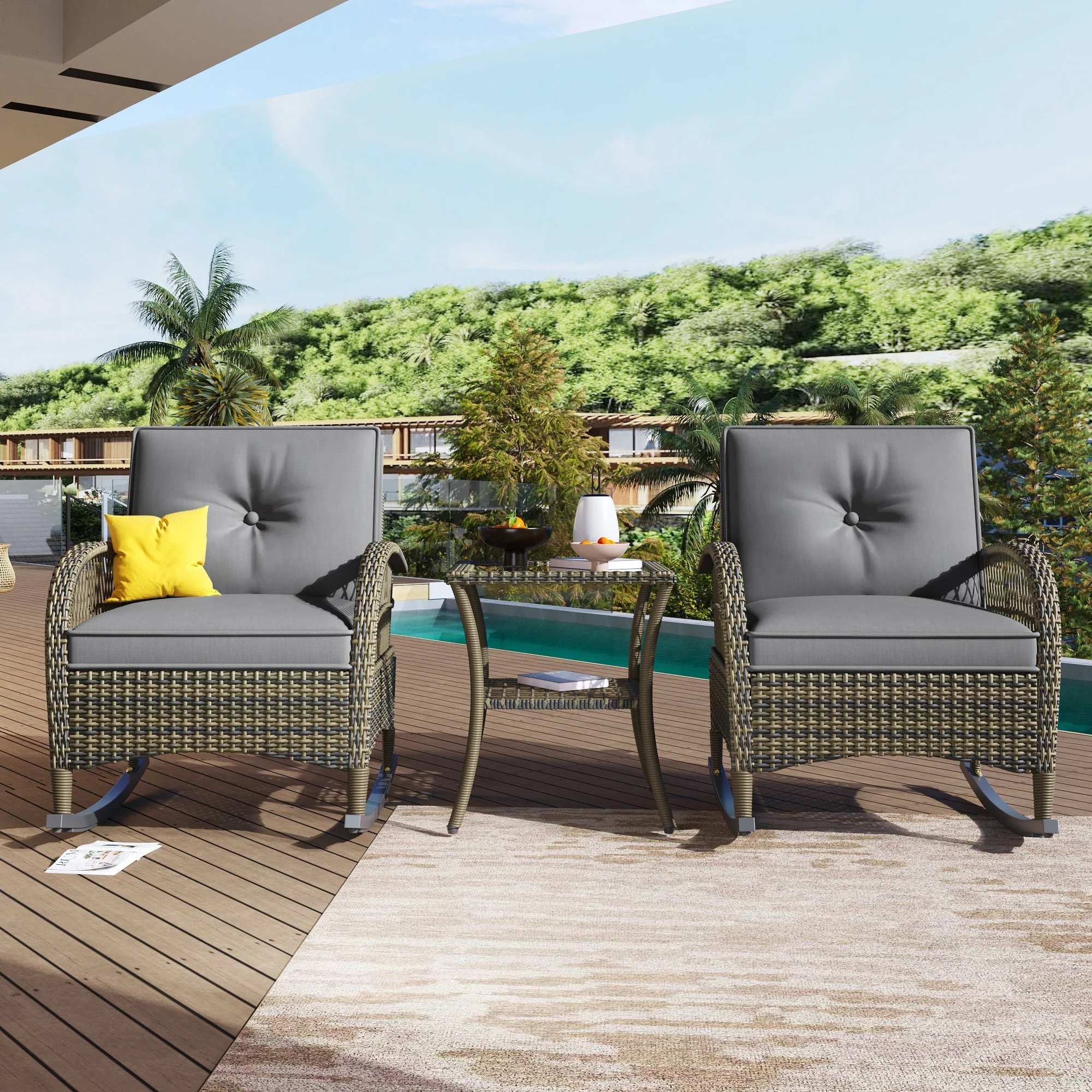 Rattan Balcony Set 3-Piece 160 kg Load Capacity, Grey Cushion - Image 4