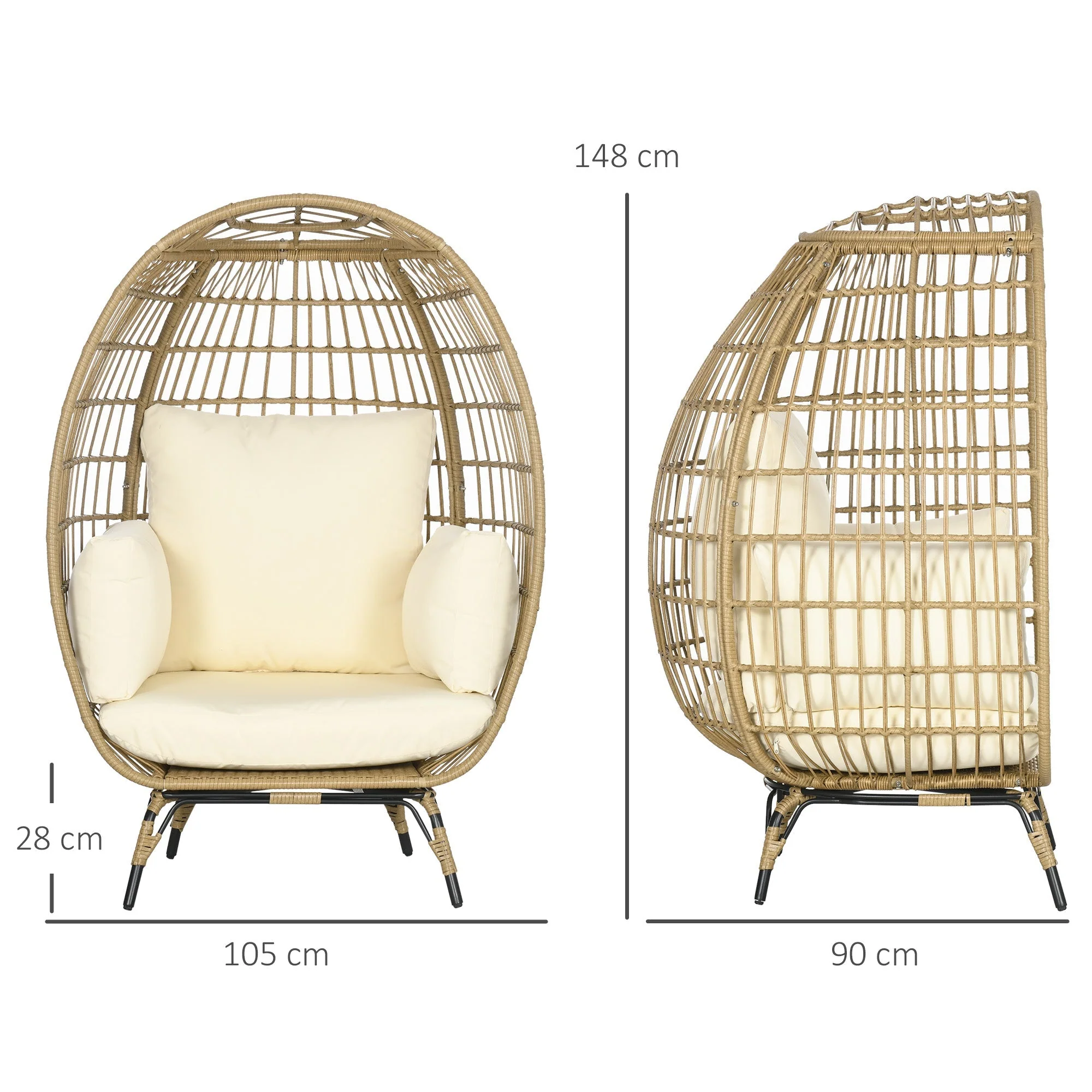 Rattan Chair Basket Shape with Seat Cushion Raised Garden Khaki Metal - Image 3