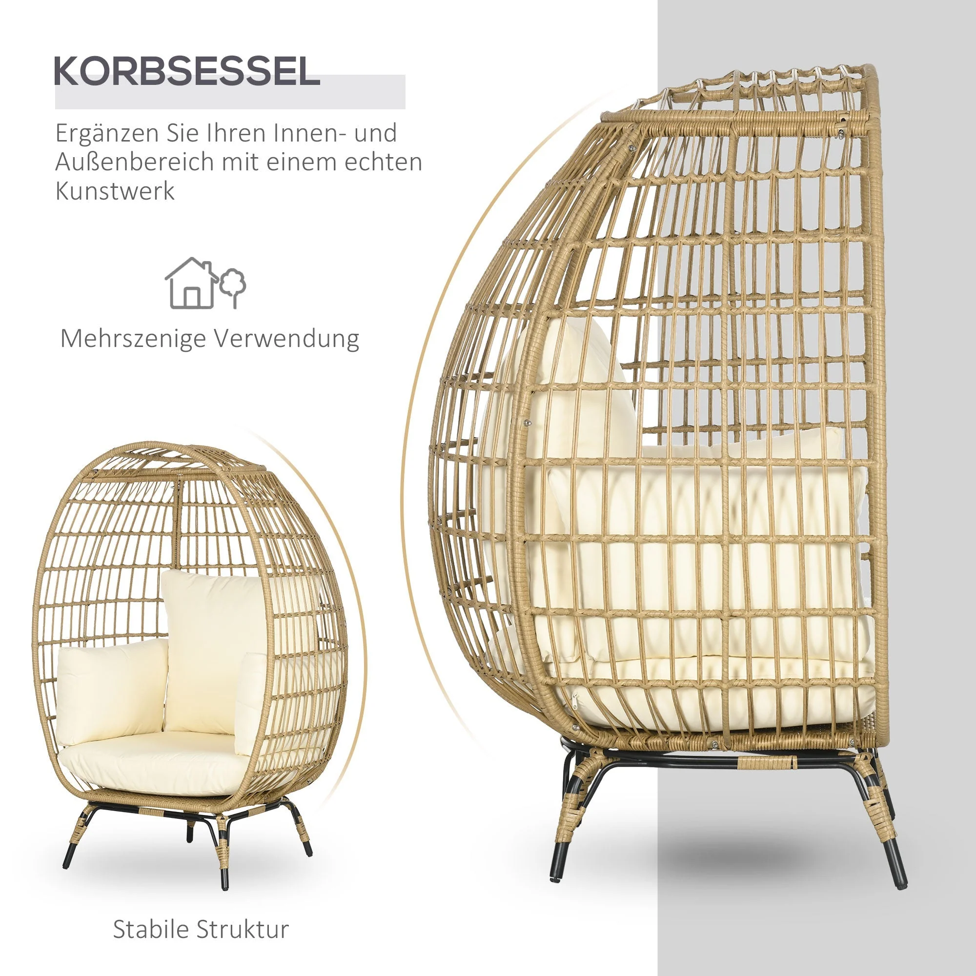 Rattan Chair Basket Shape with Seat Cushion Raised Garden Khaki Metal - Image 5