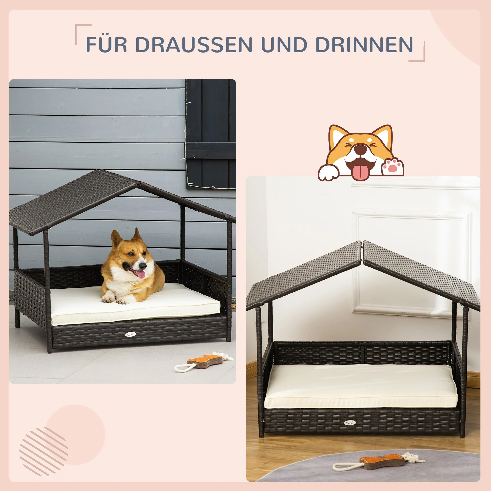 Rattan Dog House, Outdoor Bed, Steel Frame, Coffee-Brown - Image 4