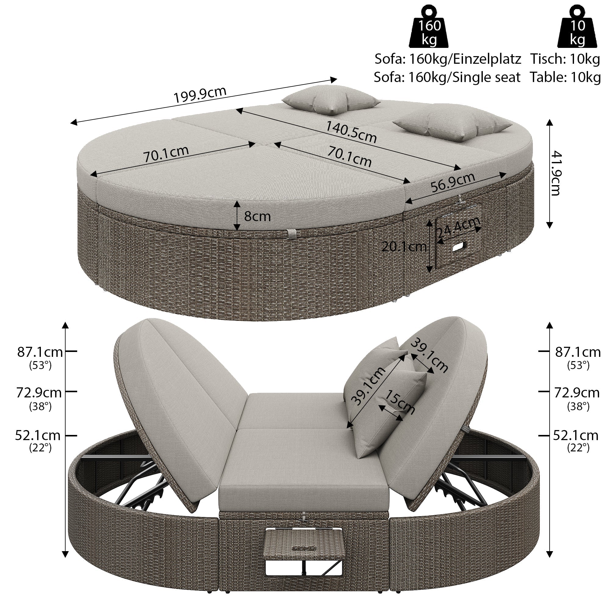 Rattan Double Lounger Outdoor Sunbed 2 Person Adjustable Angle Folding Table - Image 3