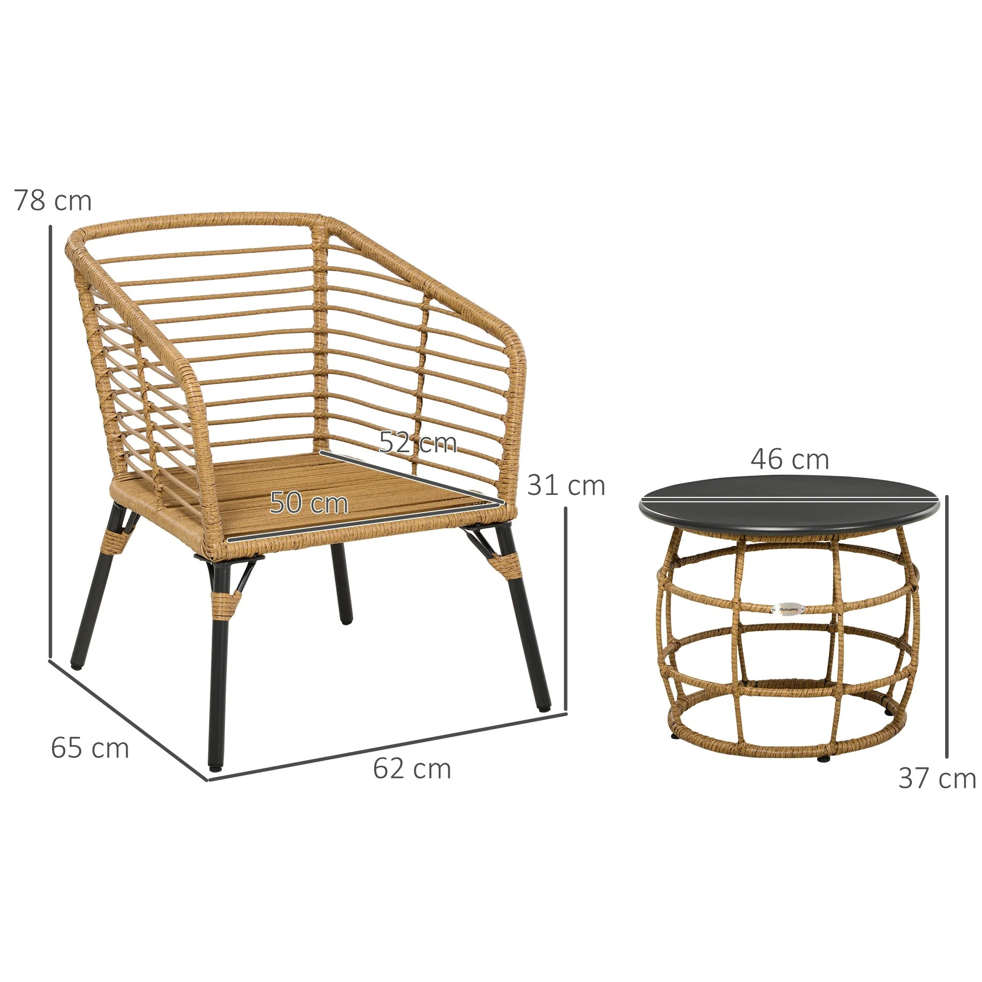 Rattan Garden Furniture Set, 3-Piece Bistro with Table & 2 Chairs, Sand/Dark Grey - Image 3
