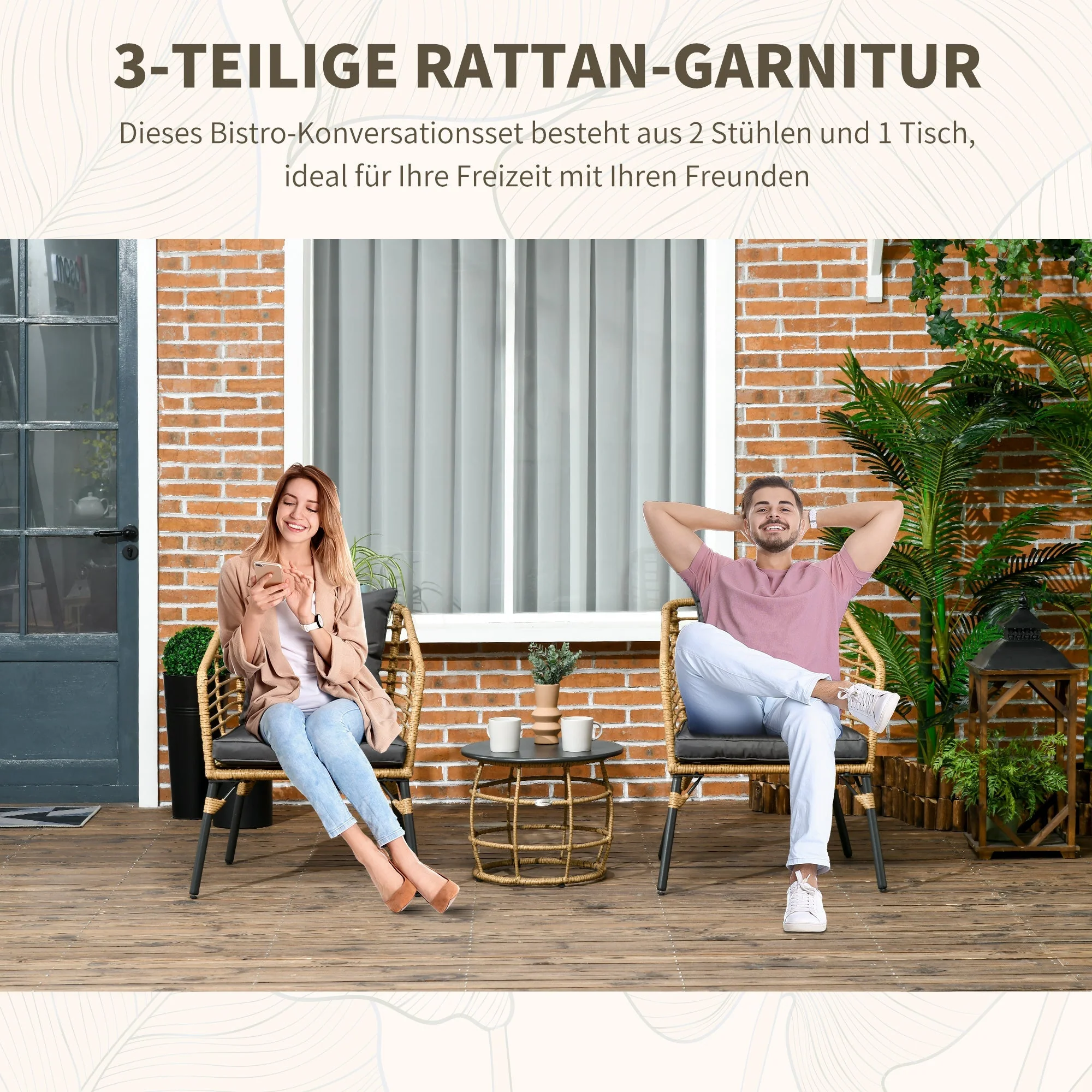 Rattan Garden Furniture Set, 3-Piece Bistro with Table & 2 Chairs, Sand/Dark Grey - Image 6