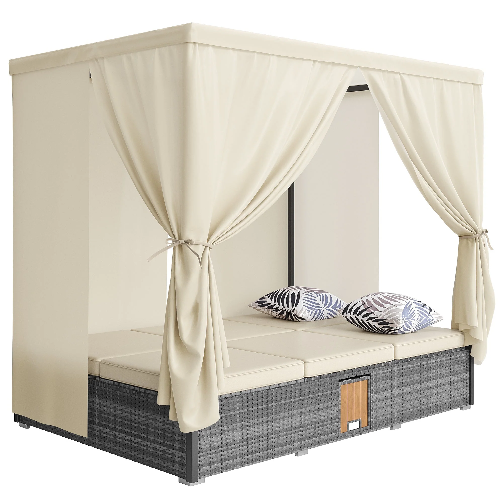 Rattan Garden Lounger Double Bed with Shade Curtain, Foldable & Table - Cream-White - Image 9