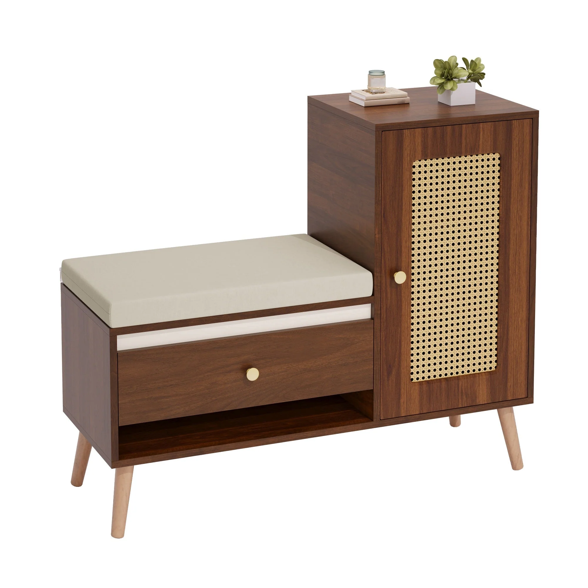 Rattan Hall Bench with Shoe Storage, Drawers and Seat Cushion, Oak and Rattan - Image 2