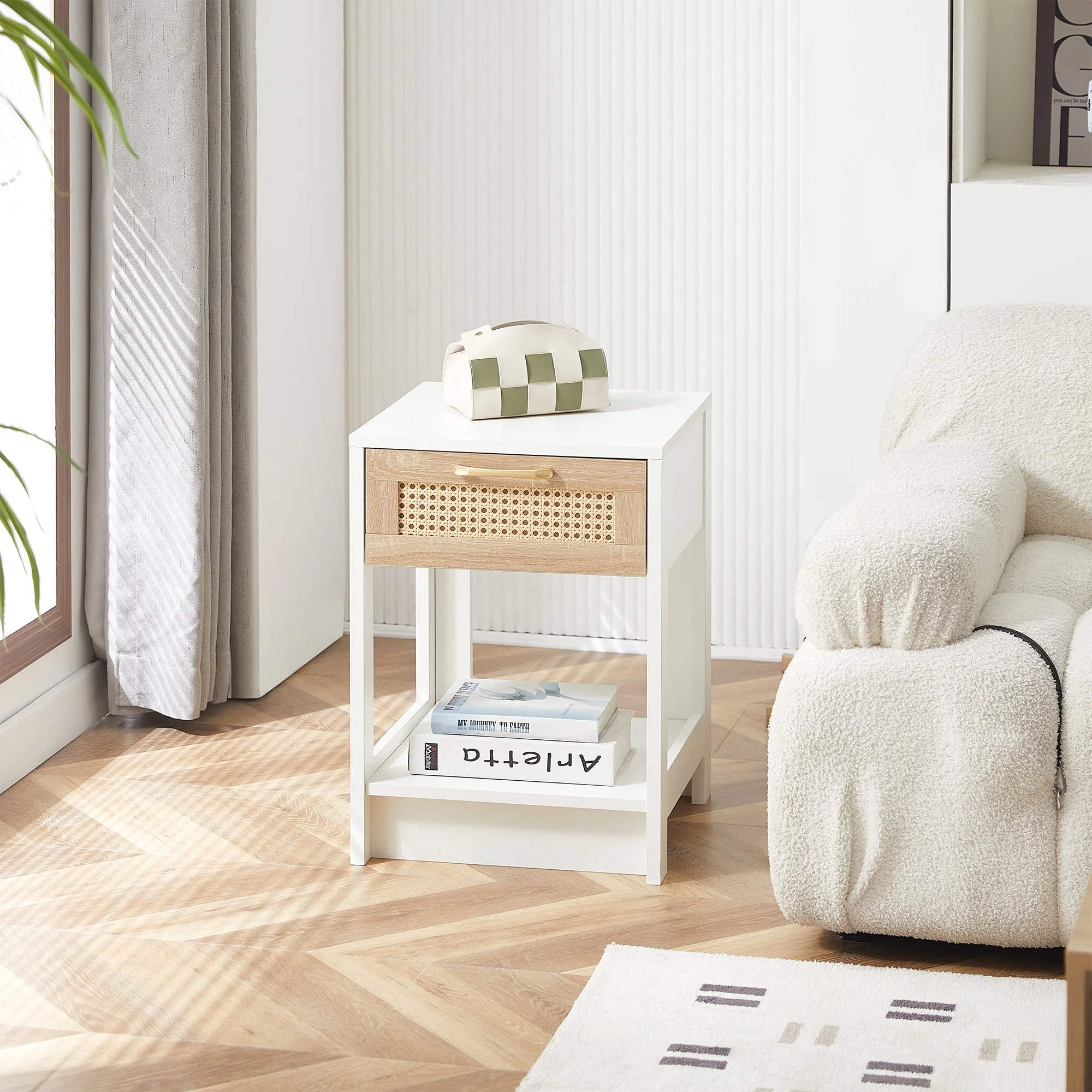 Rattan Side/Bedside Table with Drawer Modern - White - Image 10