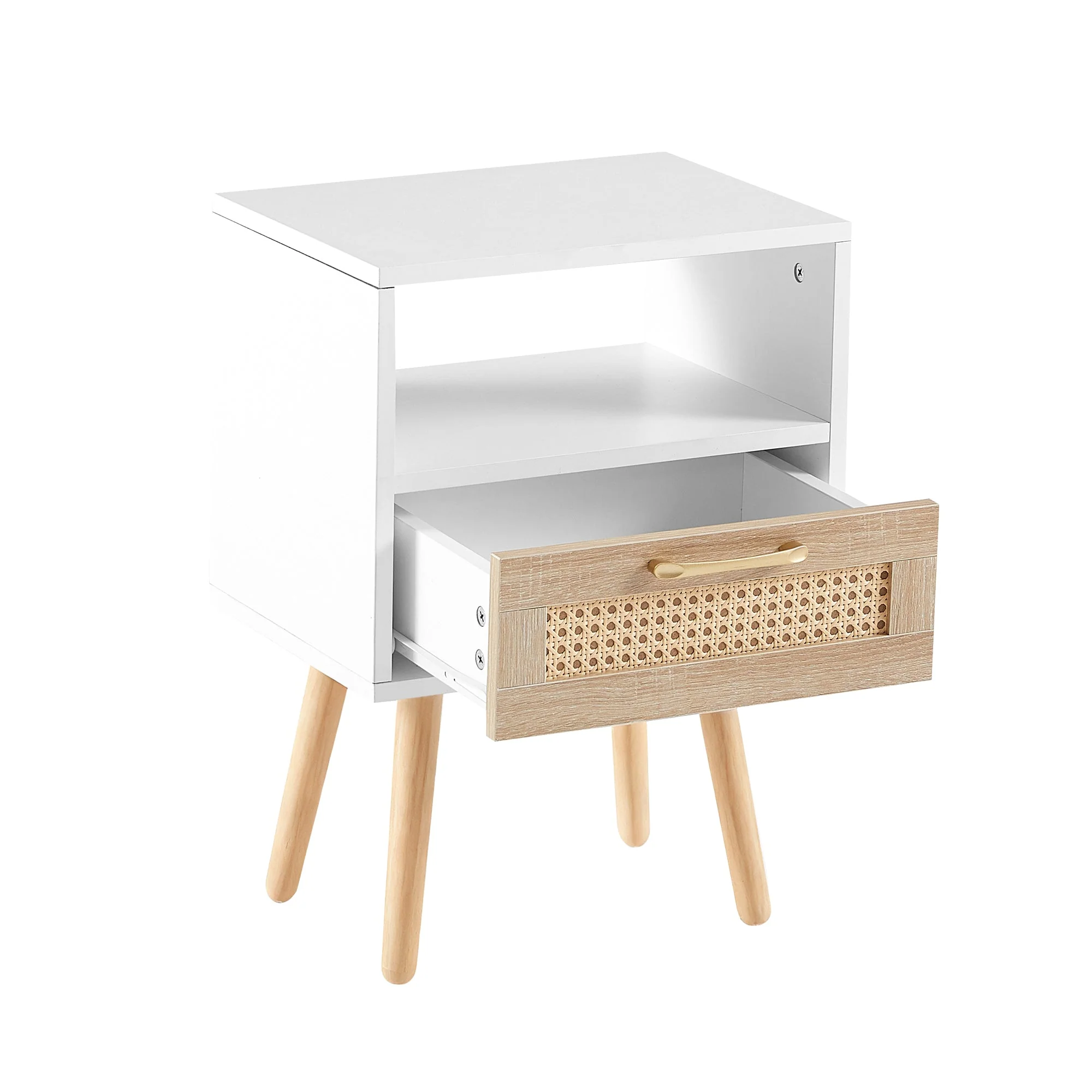 Rattan Side Table with Drawer and Solid Wood Legs, White - Image 10