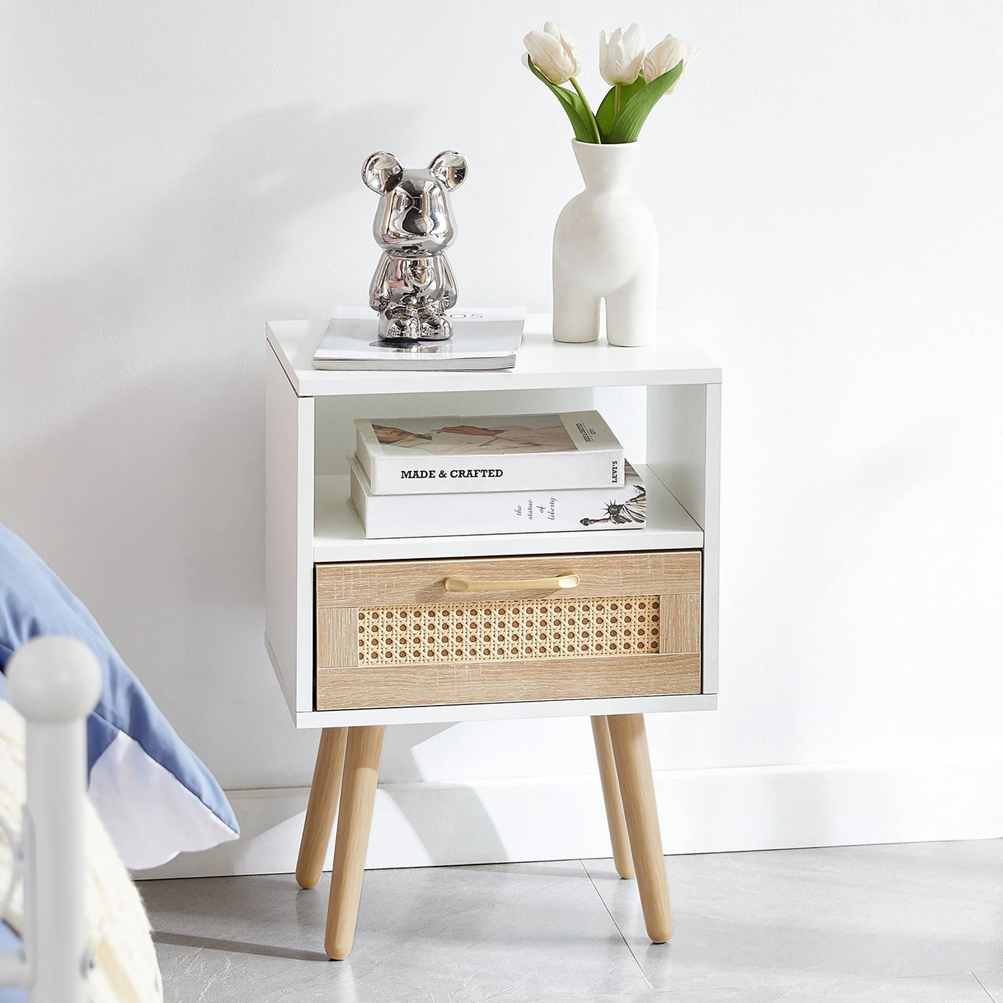 Rattan Side Table with Drawer and Solid Wood Legs, White - Image 6