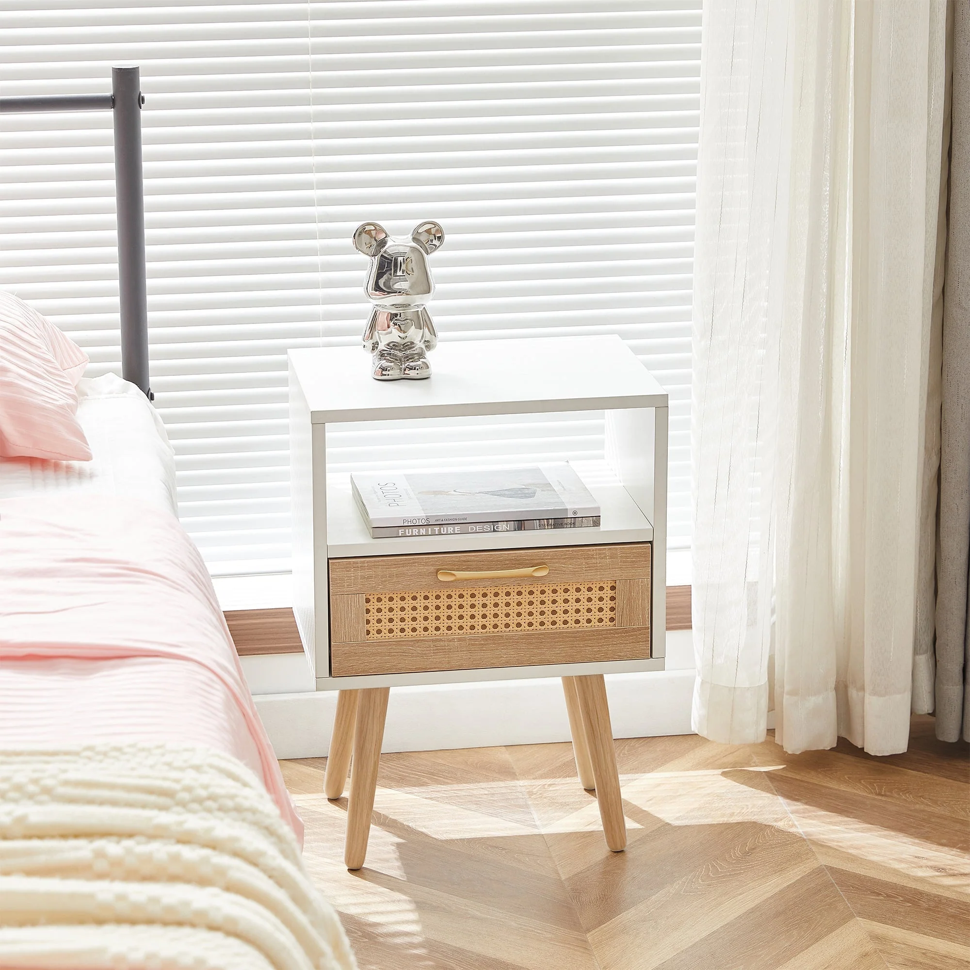 Rattan Side Table with Drawer and Solid Wood Legs, White - Image 7