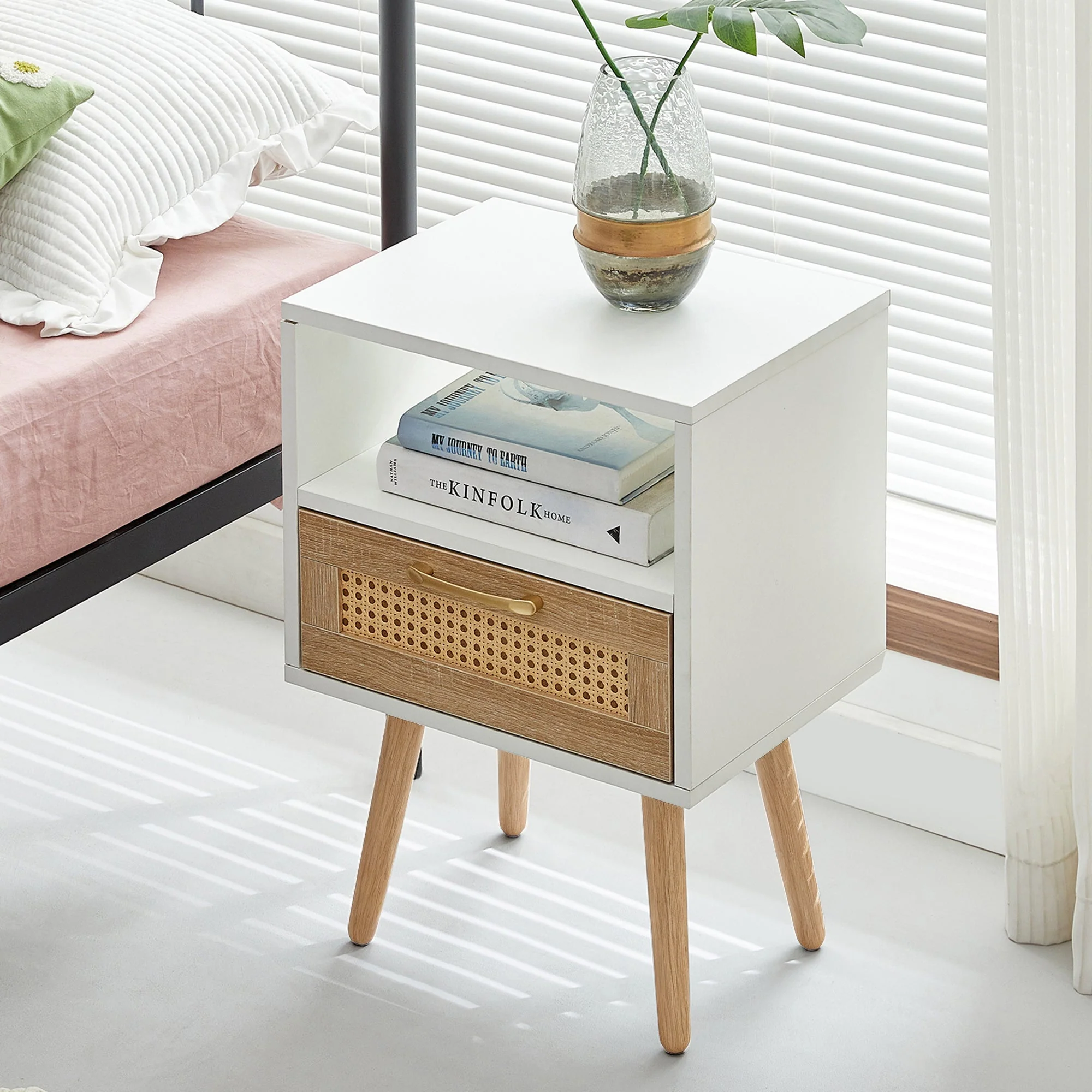 Rattan Side Table with Drawer and Solid Wood Legs, White - Image 8