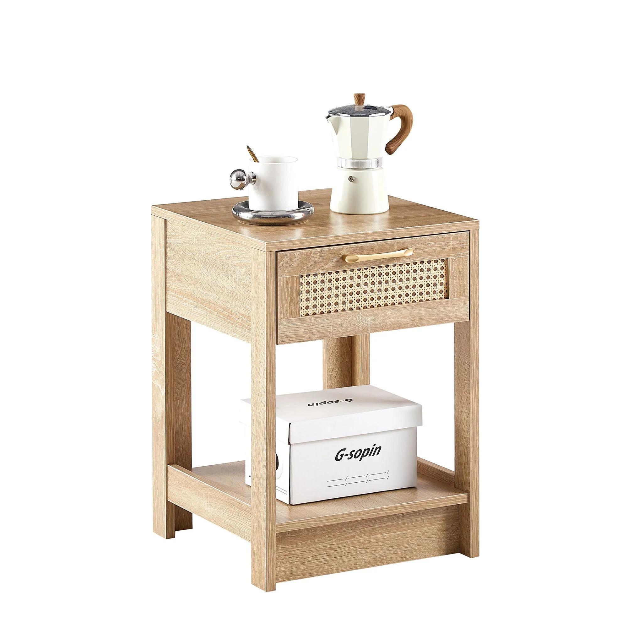 Rattan Side Table with Drawer H55xW40xD40cm Natural Wood Look - Image 2