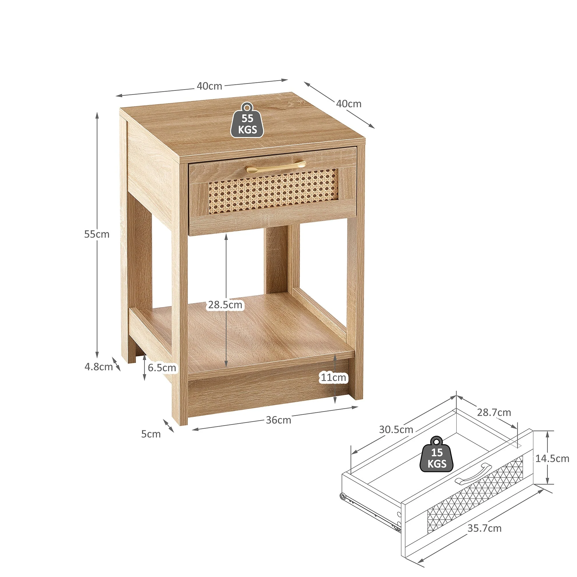 Rattan Side Table with Drawer H55xW40xD40cm Natural Wood Look - Image 4