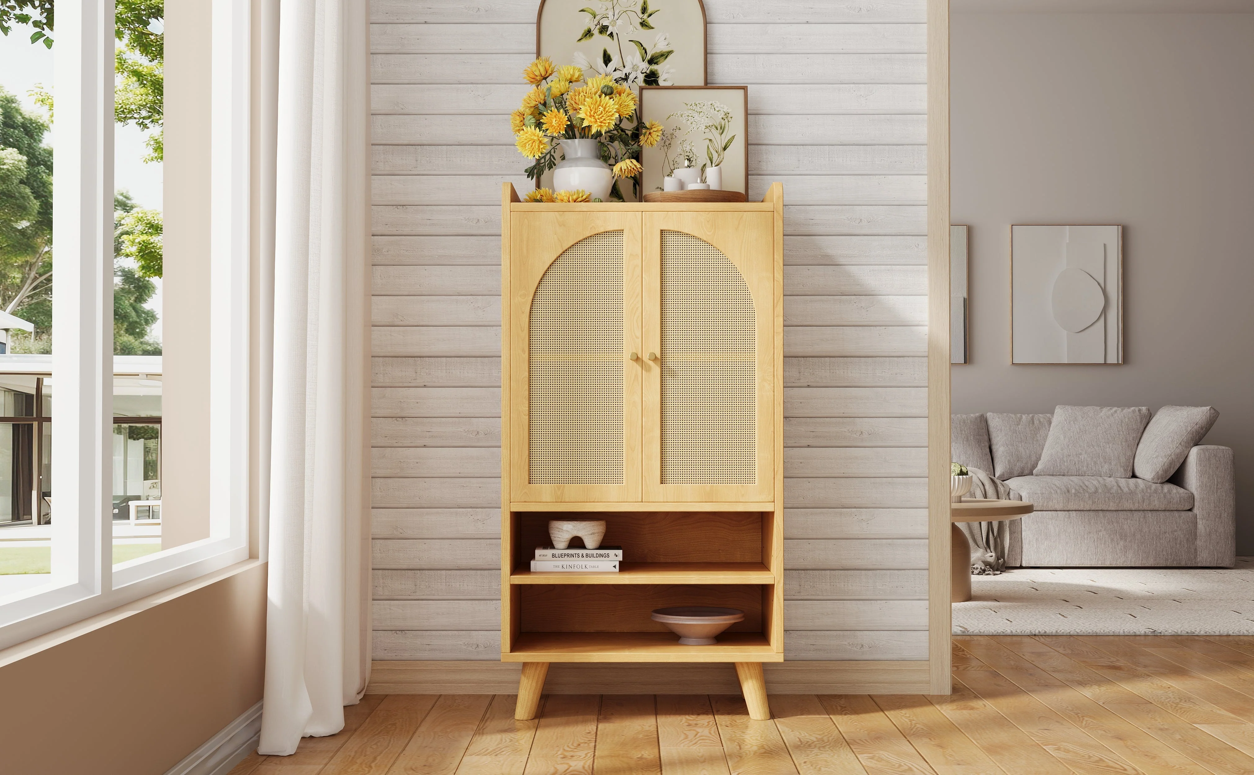 Rattan Sideboard Highboard with 2 Doors and Open Storage Rattan - Image 7